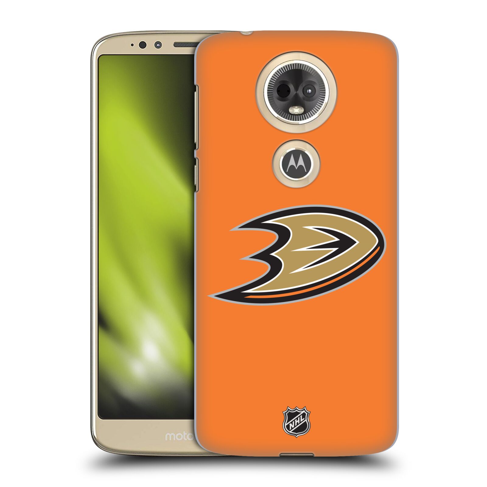 Pouzdro na mobil Motorola Moto E5 PLUS - HEAD CASE - Hokej NHL - Anaheim Ducks - Oranžové pozadí