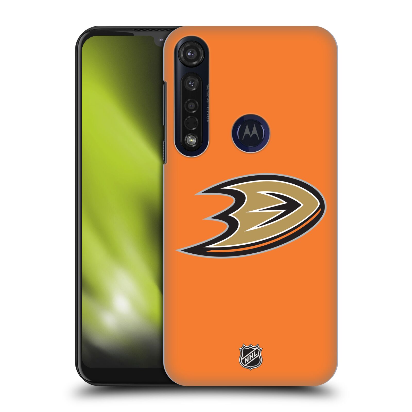 Pouzdro na mobil Motorola Moto G8 PLUS - HEAD CASE - Hokej NHL - Anaheim Ducks - Oranžové pozadí