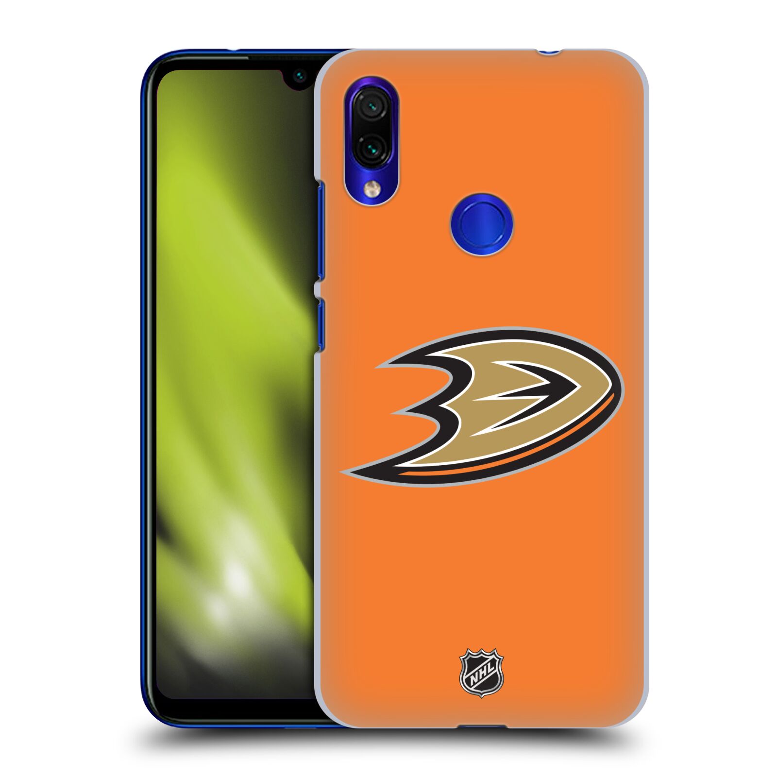 Pouzdro na mobil Xiaomi Redmi Note 7 - HEAD CASE - Hokej NHL - Anaheim Ducks - Oranžové pozadí