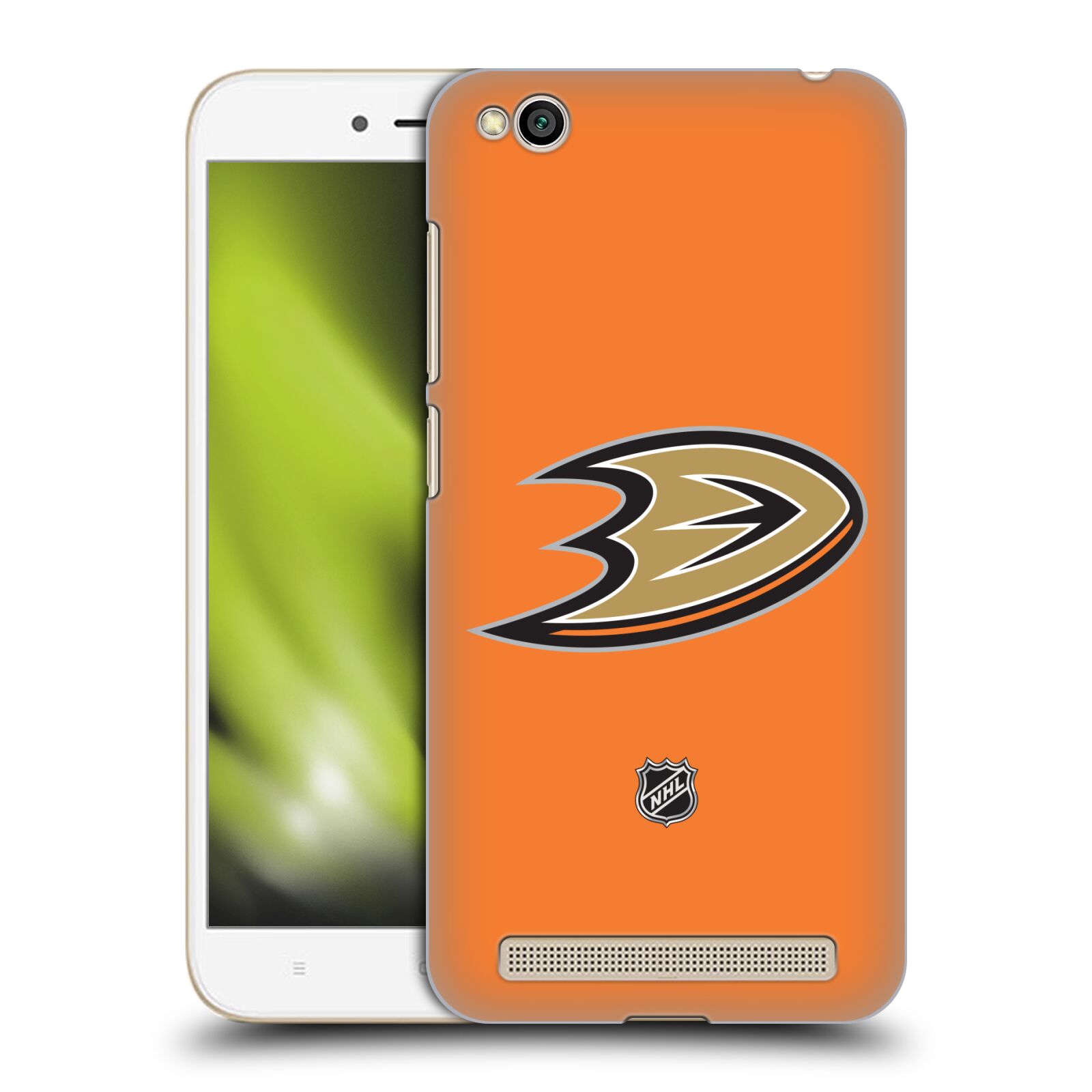 Pouzdro na mobil Xiaomi Redmi 5A - HEAD CASE - Hokej NHL - Anaheim Ducks - Oranžové pozadí