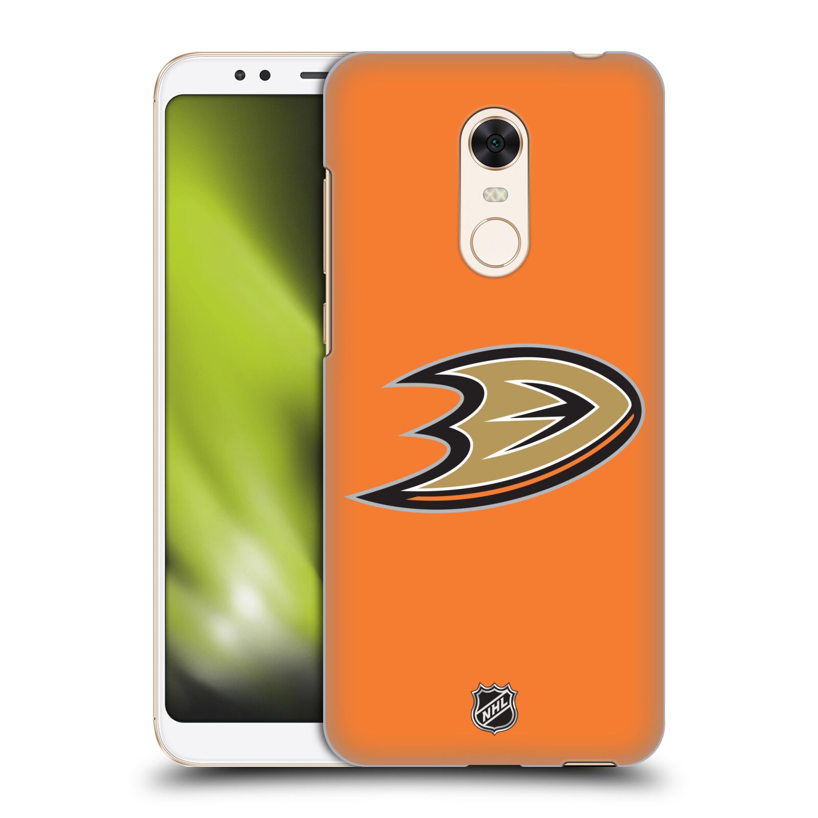 Pouzdro na mobil Xiaomi Redmi 5 PLUS (REDMI 5+) - HEAD CASE - Hokej NHL - Anaheim Ducks - Oranžové pozadí