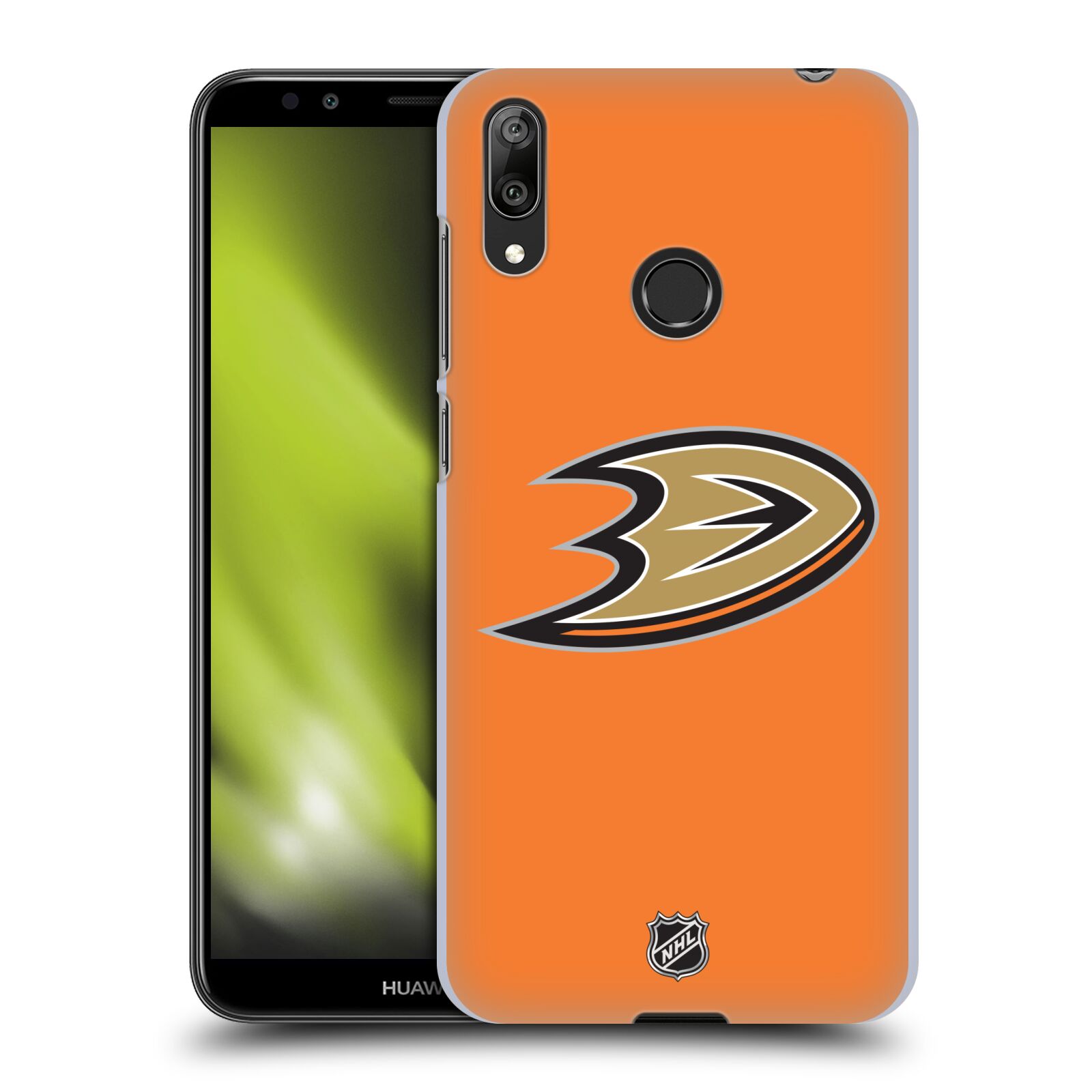 Pouzdro na mobil Huawei Y7 2019 - HEAD CASE - Hokej NHL - Anaheim Ducks - Oranžové pozadí
