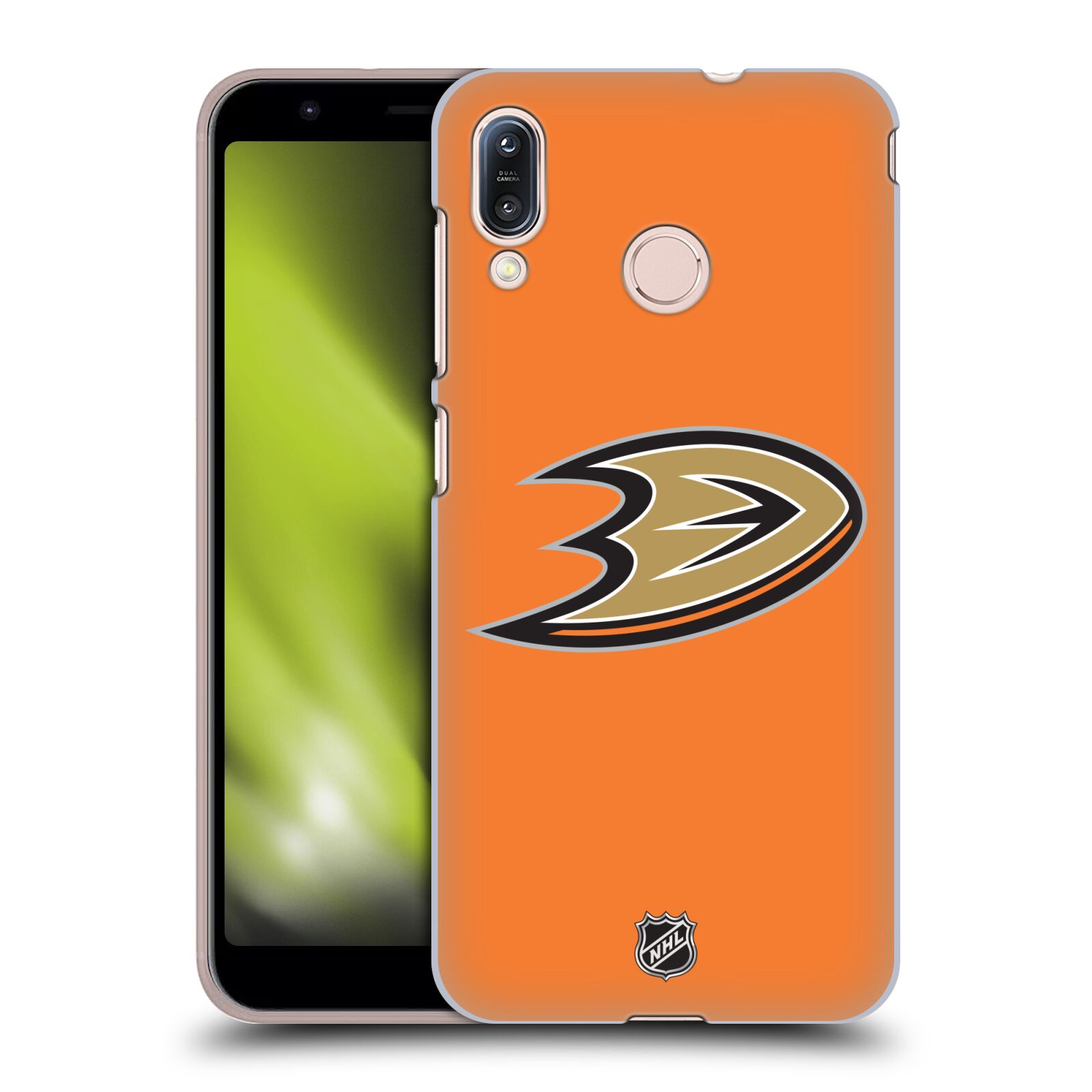 Pouzdro na mobil ASUS ZENFONE MAX M1 (ZB555KL) - HEAD CASE - Hokej NHL - Anaheim Ducks - Oranžové pozadí
