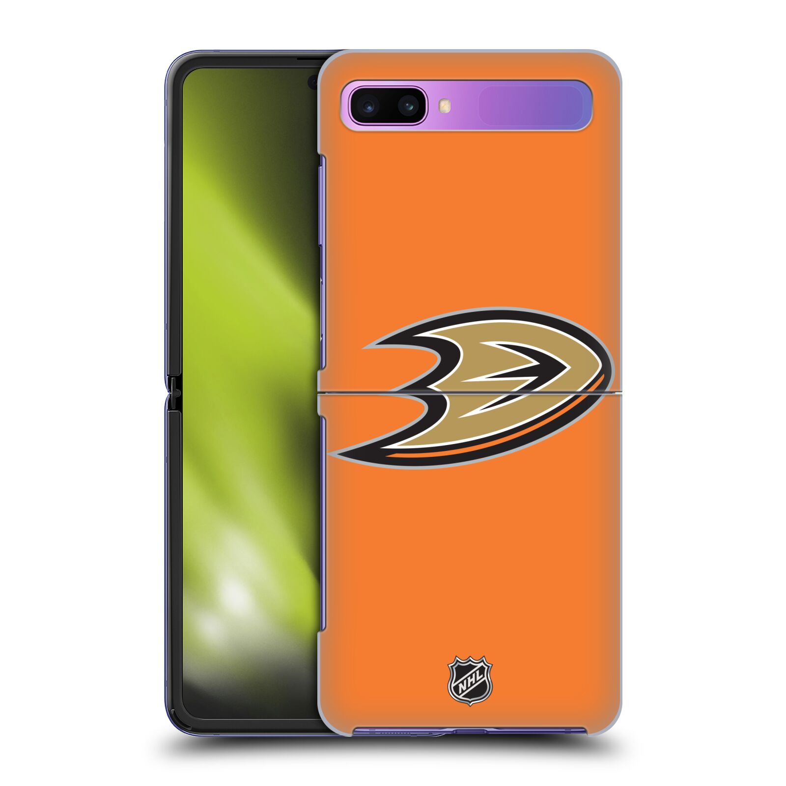 Pouzdro na mobil Samsung Galaxy Z Flip - HEAD CASE - Hokej NHL - Anaheim Ducks - Oranžové pozadí