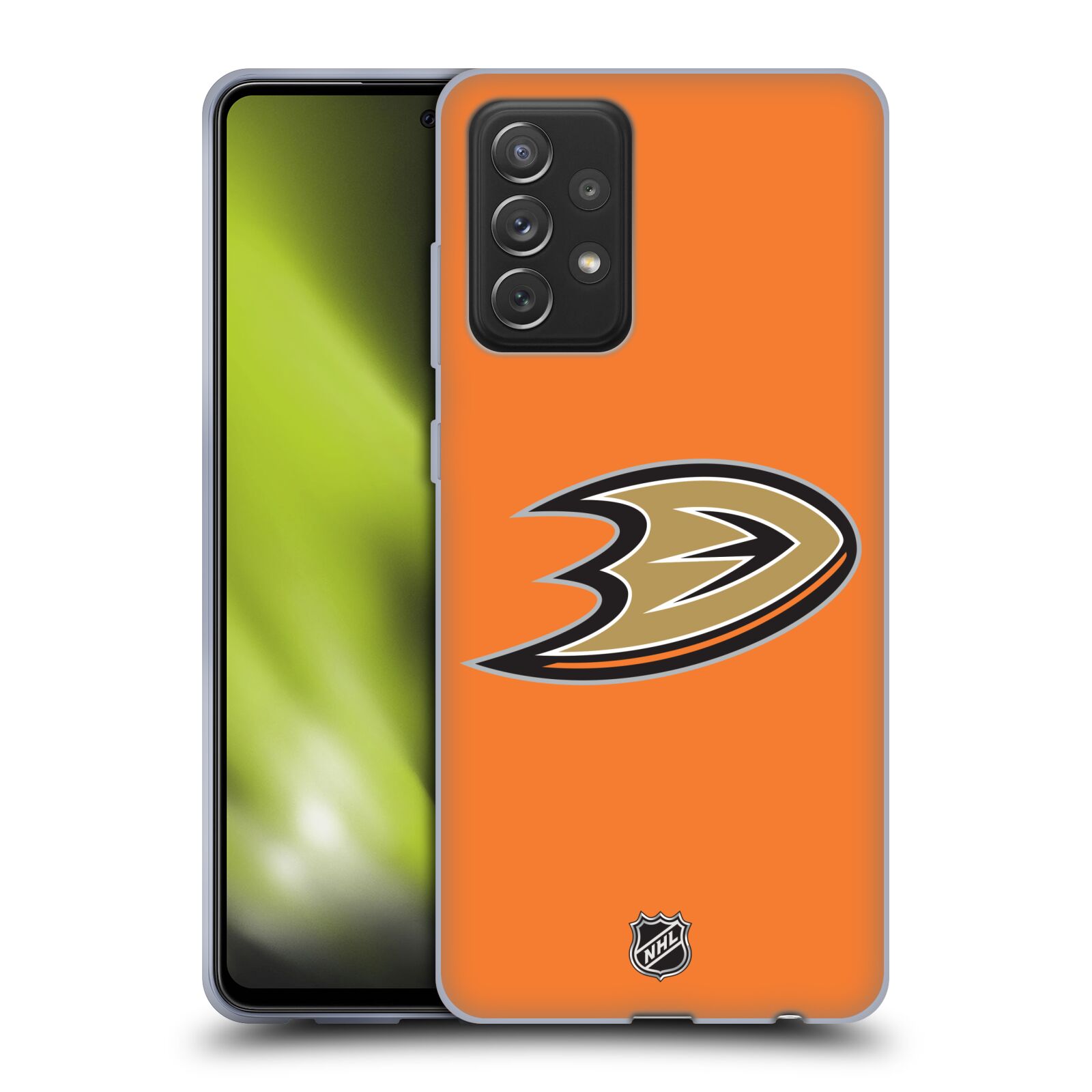 Pouzdro na mobil Samsung Galaxy A72 / A72 5G - HEAD CASE - Hokej NHL - Anaheim Ducks - Oranžové pozadí