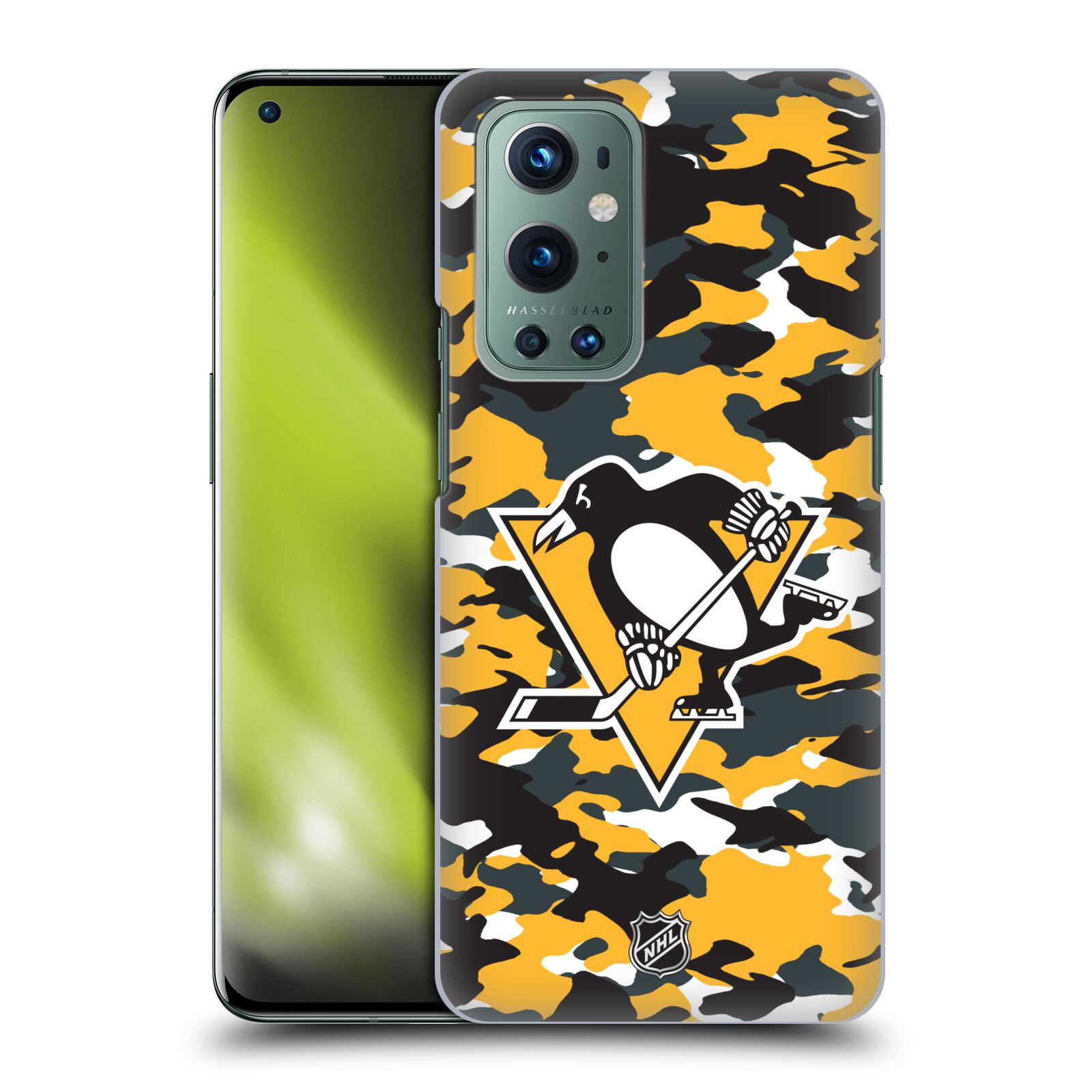 Pouzdro na mobil OnePlus 9 - HEAD CASE - Hokej NHL - Pittsburgh Penguins - kamufláž znak