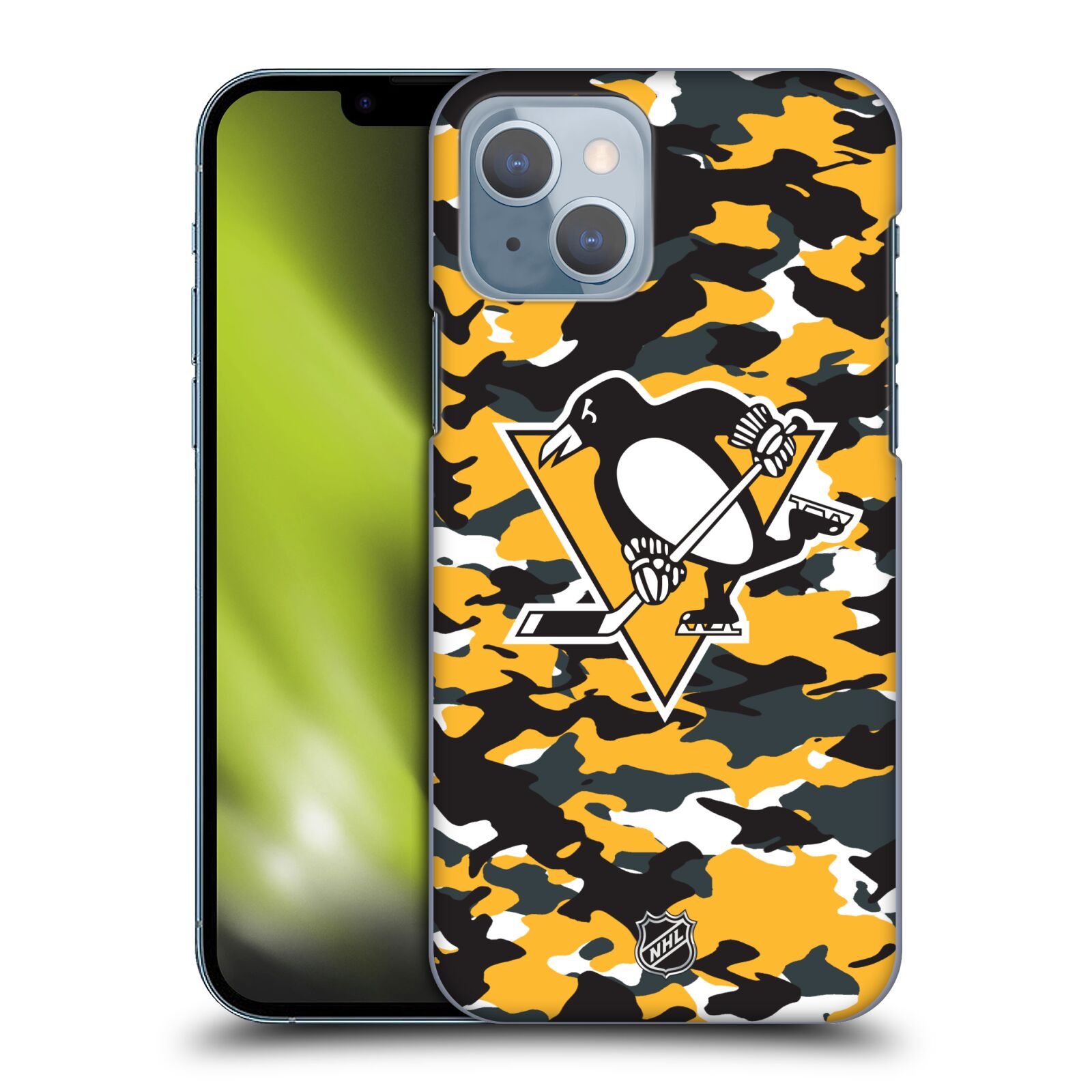Pouzdro na mobil Apple Iphone 14 - HEAD CASE - Hokej NHL - Pittsburgh Penguins - kamufláž znak