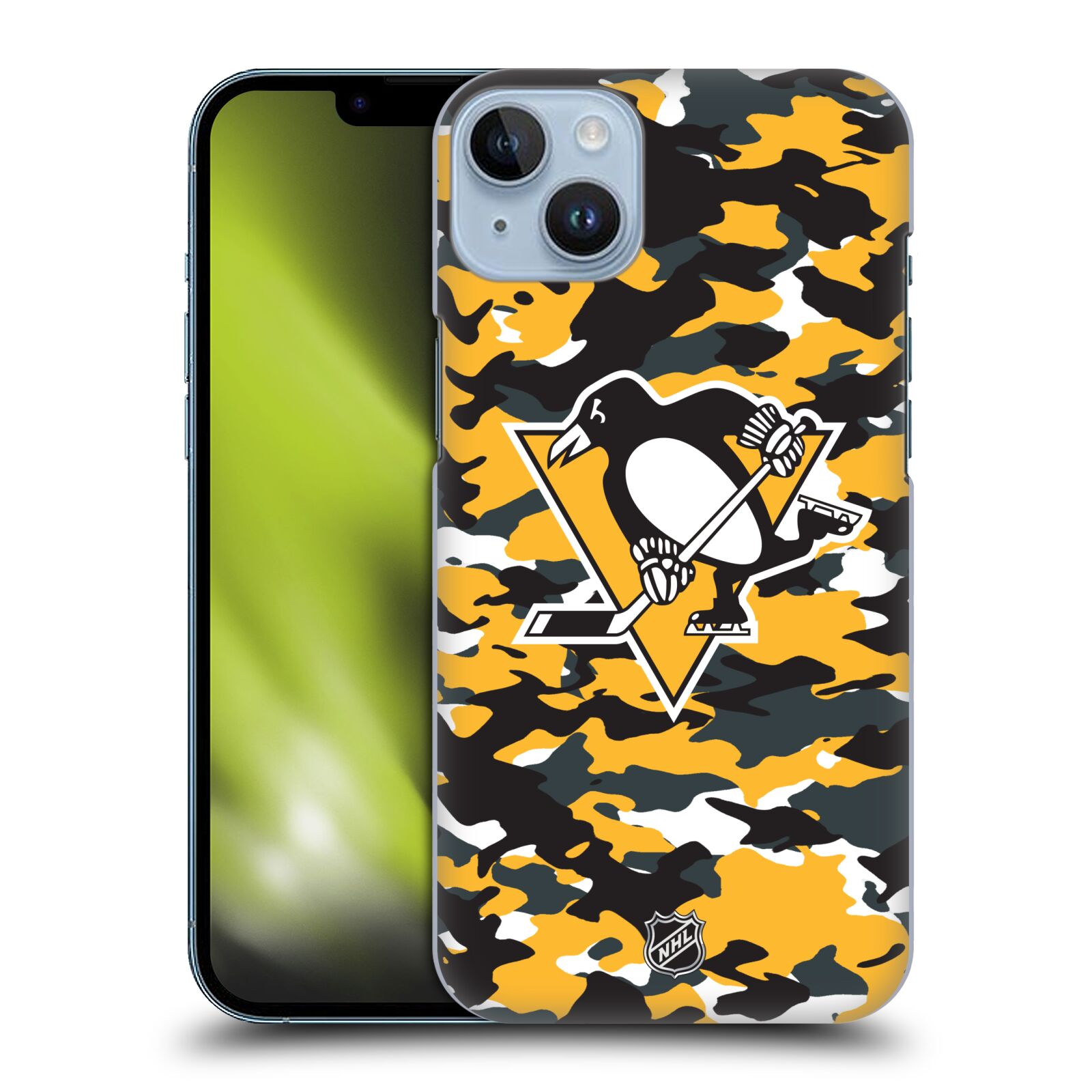 Pouzdro na mobil Apple Iphone 14 PLUS - HEAD CASE - Hokej NHL - Pittsburgh Penguins - kamufláž znak
