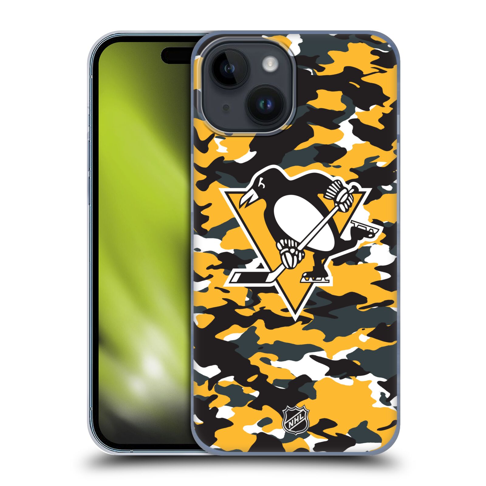 Plastový obal HEAD CASE na mobil Apple Iphone 15  Hokej NHL - Pittsburgh Penguins - kamufláž znak