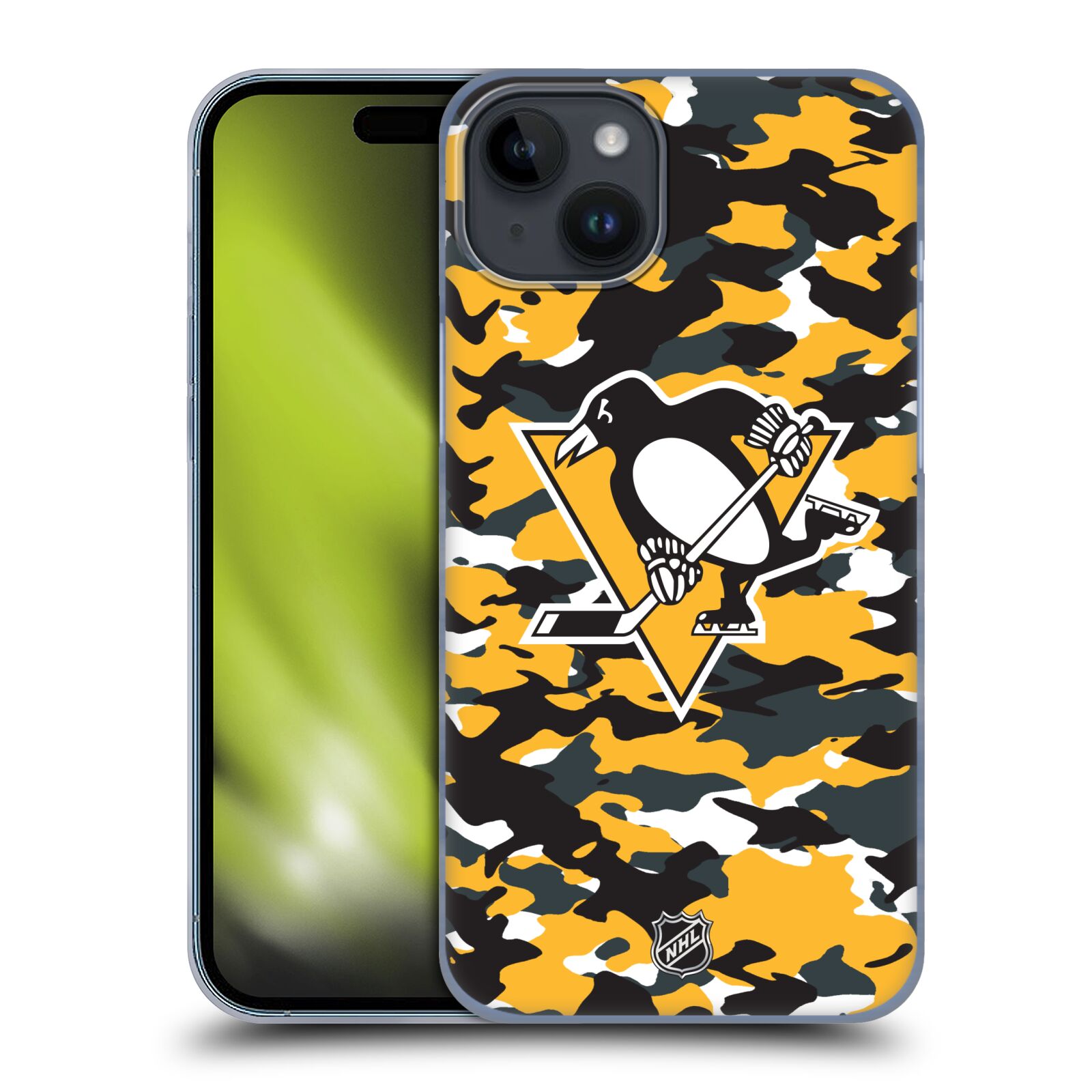 Plastový obal HEAD CASE na mobil Apple Iphone 15 PLUS  Hokej NHL - Pittsburgh Penguins - kamufláž znak
