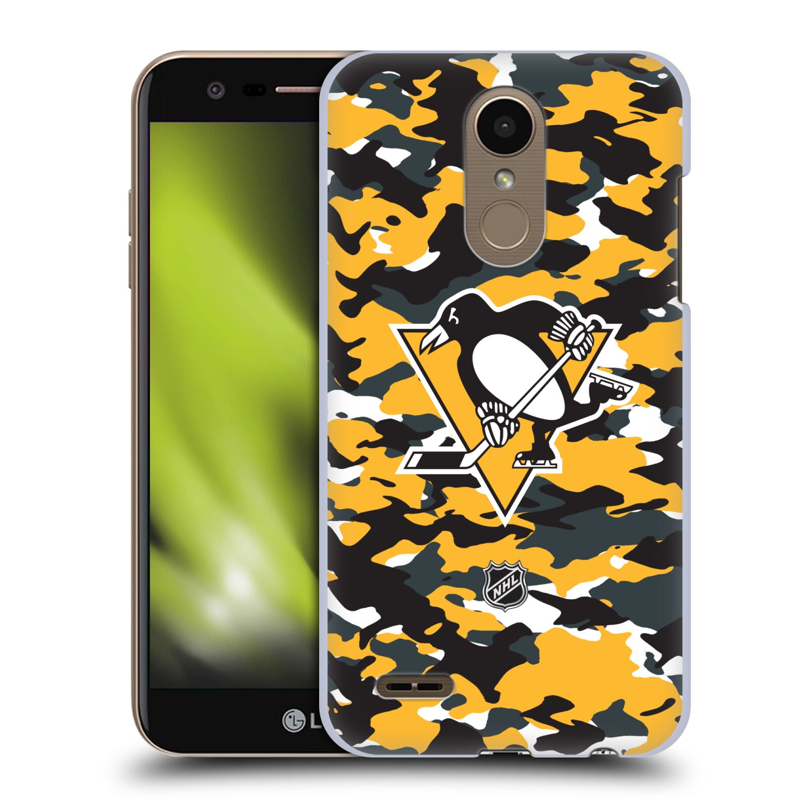 Pouzdro na mobil LG K10 2018 - HEAD CASE - Hokej NHL - Pittsburgh Penguins - kamufláž znak