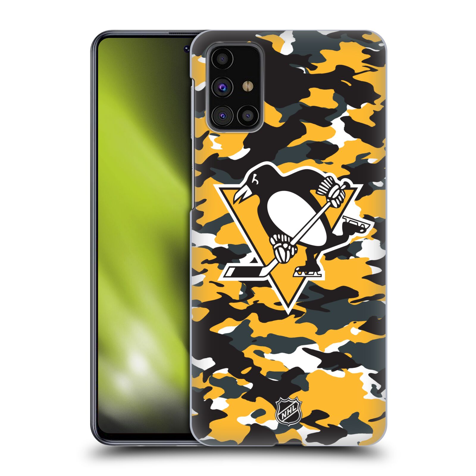 Pouzdro na mobil Samsung Galaxy M31s - HEAD CASE - Hokej NHL - Pittsburgh Penguins - kamufláž znak