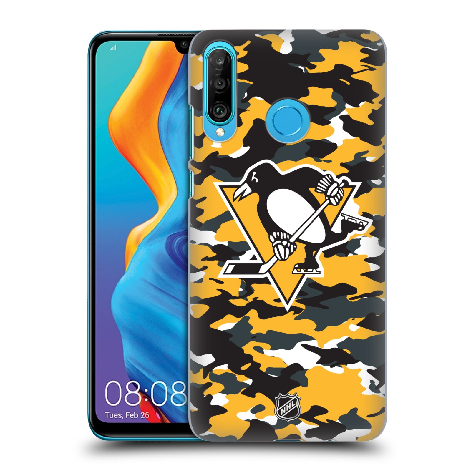 Pouzdro na mobil Huawei P30 LITE - HEAD CASE - Hokej NHL - Pittsburgh Penguins - kamufláž znak