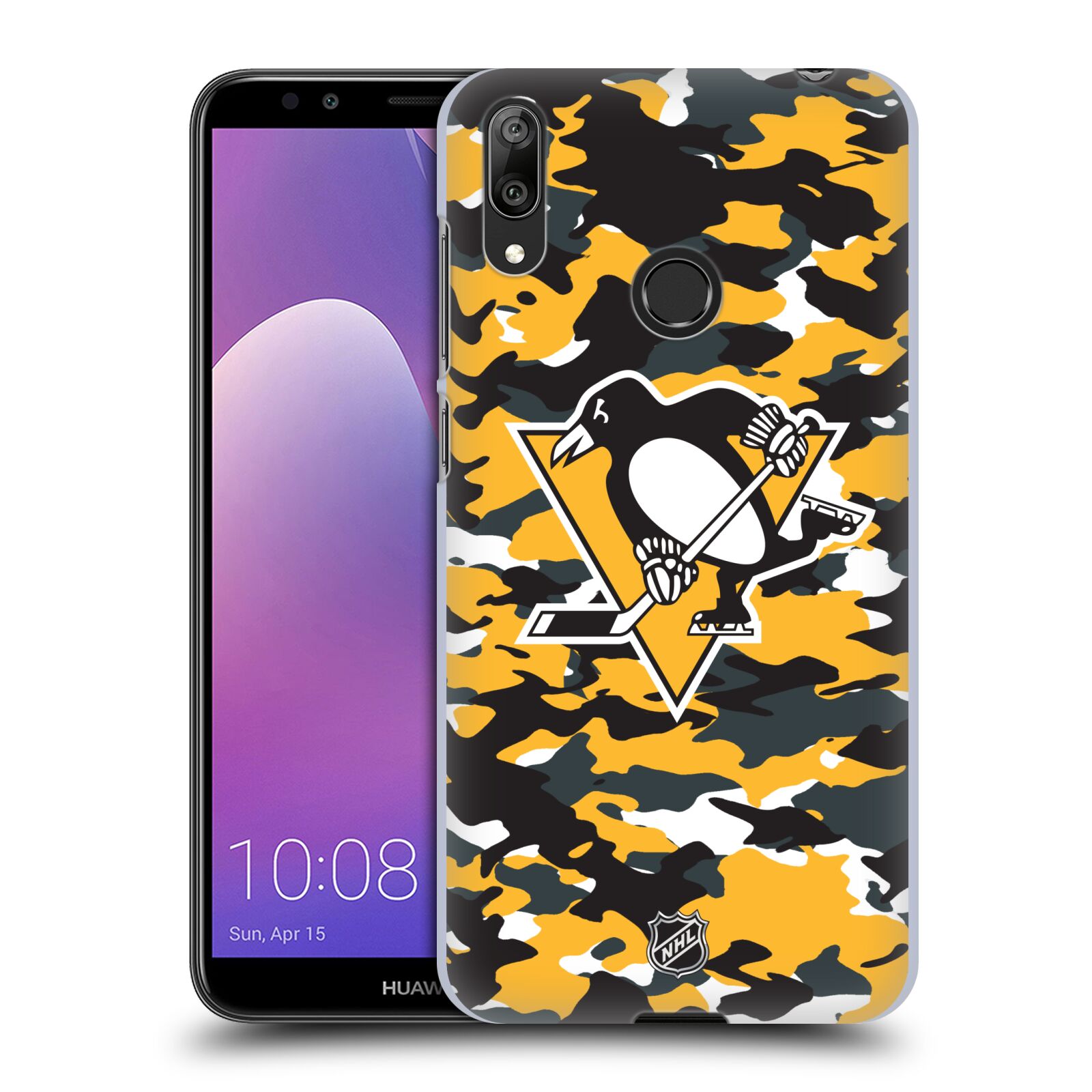 Pouzdro na mobil Huawei Y7 2019 - HEAD CASE - Hokej NHL - Pittsburgh Penguins - kamufláž znak