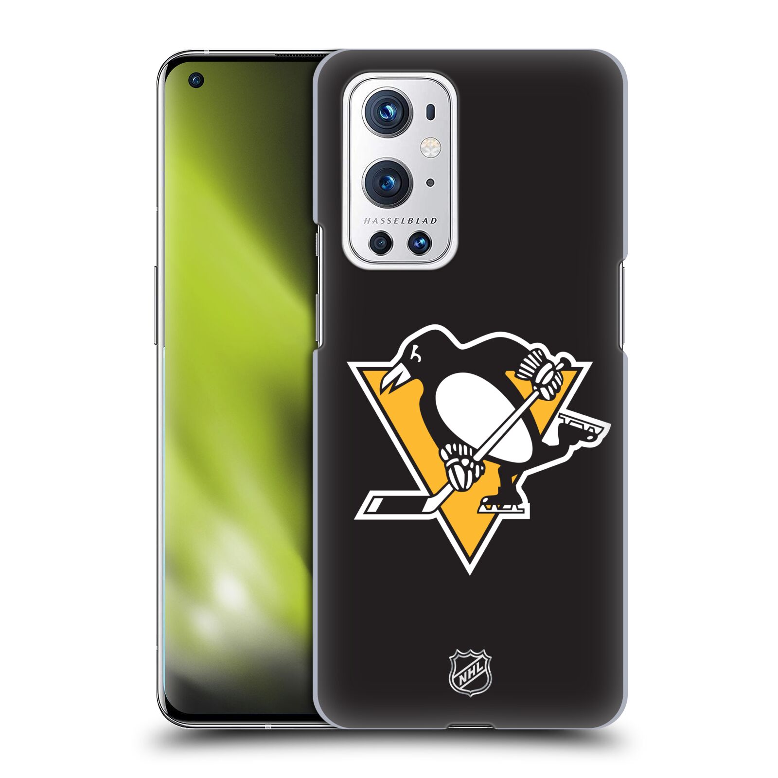 Pouzdro na mobil OnePlus 9 PRO - HEAD CASE - Hokej NHL - Pittsburgh Penguins - černé pozadí znak