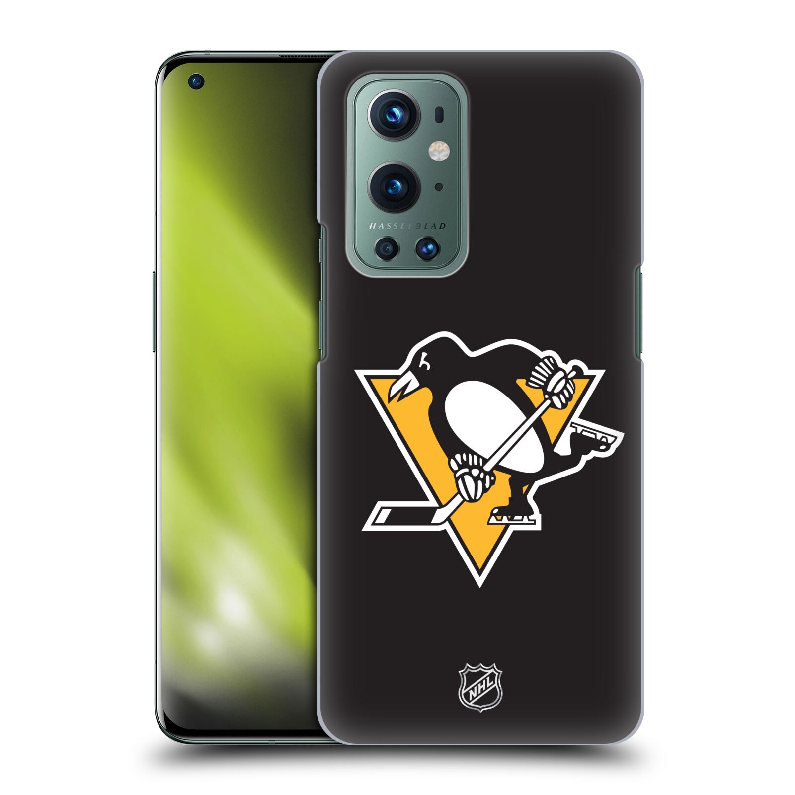 Pouzdro na mobil OnePlus 9 - HEAD CASE - Hokej NHL - Pittsburgh Penguins - černé pozadí znak
