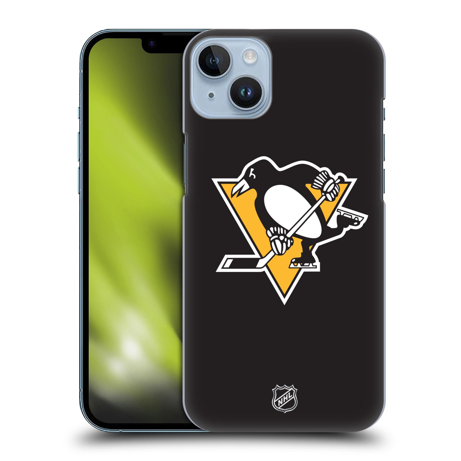 Pouzdro na mobil Apple Iphone 14 PLUS - HEAD CASE - Hokej NHL - Pittsburgh Penguins - černé pozadí znak