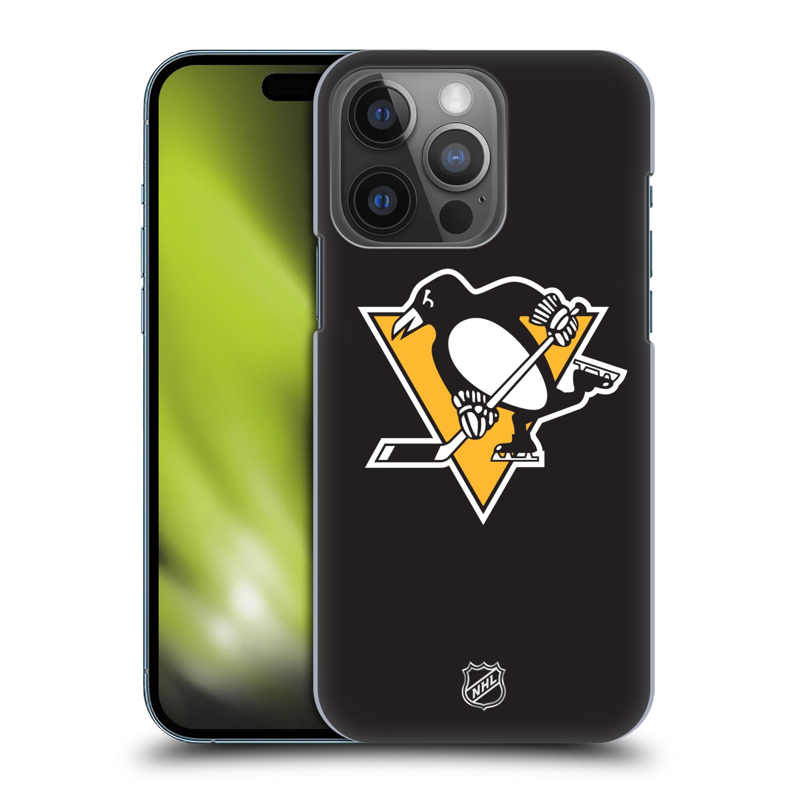 Pouzdro na mobil Apple Iphone 14 PRO - HEAD CASE - Hokej NHL - Pittsburgh Penguins - černé pozadí znak