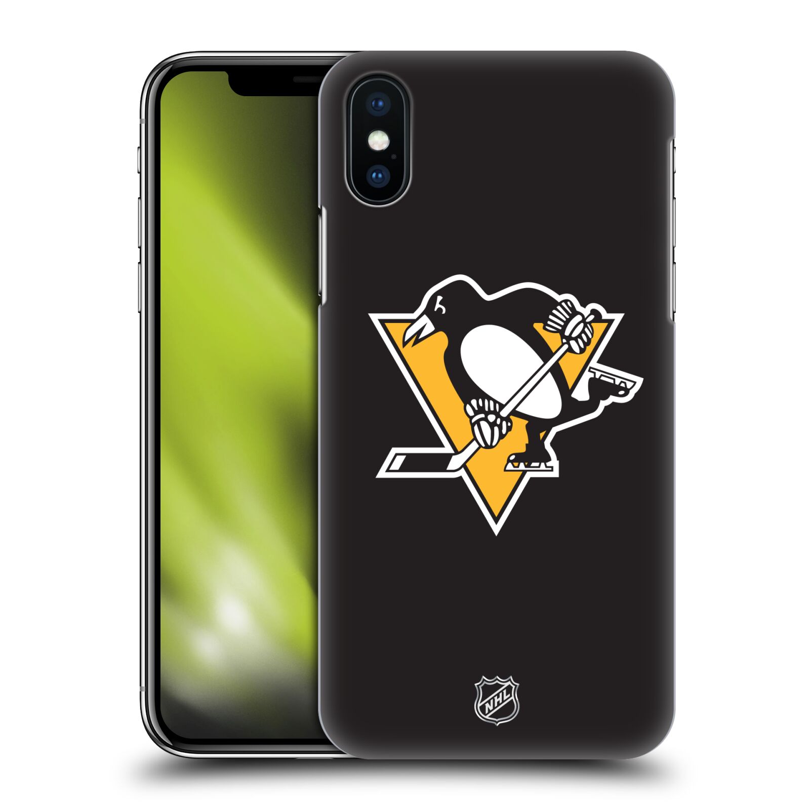 Pouzdro na mobil Apple Iphone X/XS - HEAD CASE - Hokej NHL - Pittsburgh Penguins - černé pozadí znak