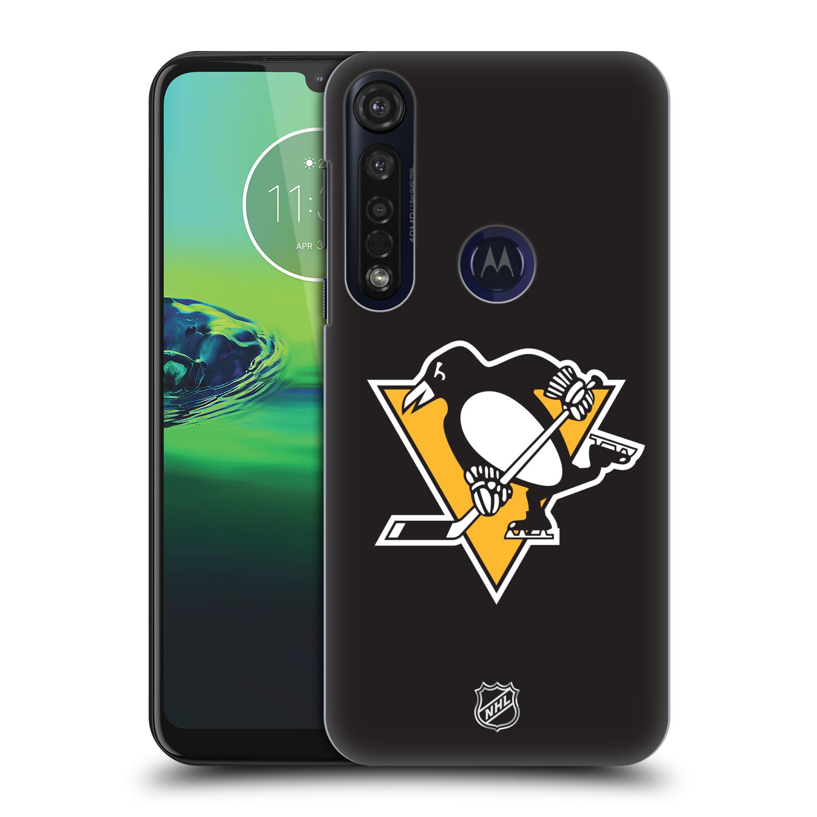 Pouzdro na mobil Motorola Moto G8 PLUS - HEAD CASE - Hokej NHL - Pittsburgh Penguins - černé pozadí znak