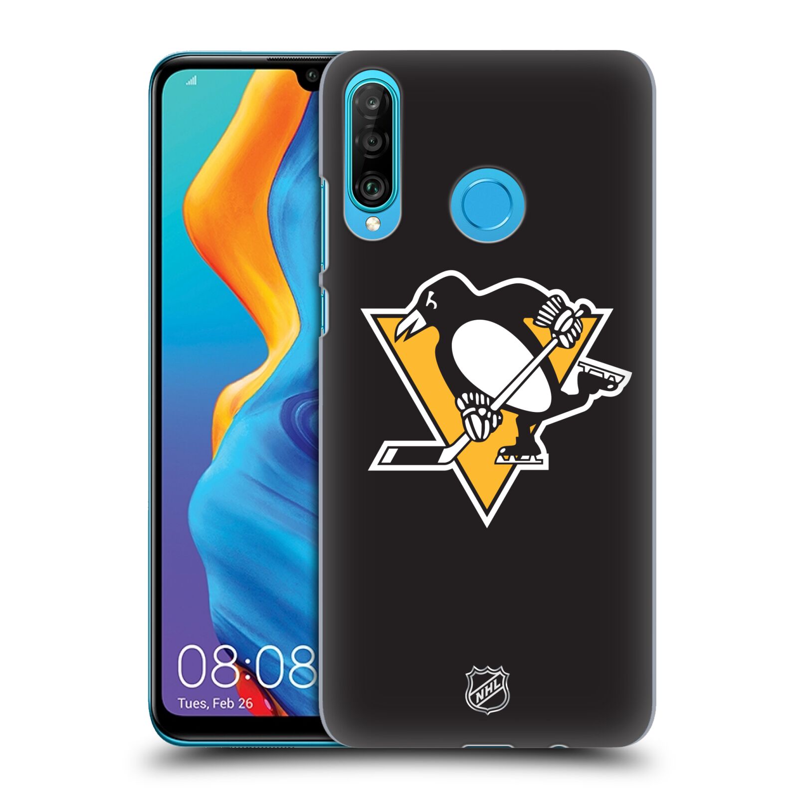 Pouzdro na mobil Huawei P30 LITE - HEAD CASE - Hokej NHL - Pittsburgh Penguins - černé pozadí znak