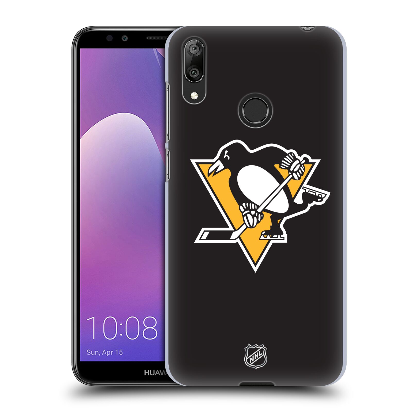Pouzdro na mobil Huawei Y7 2019 - HEAD CASE - Hokej NHL - Pittsburgh Penguins - černé pozadí znak