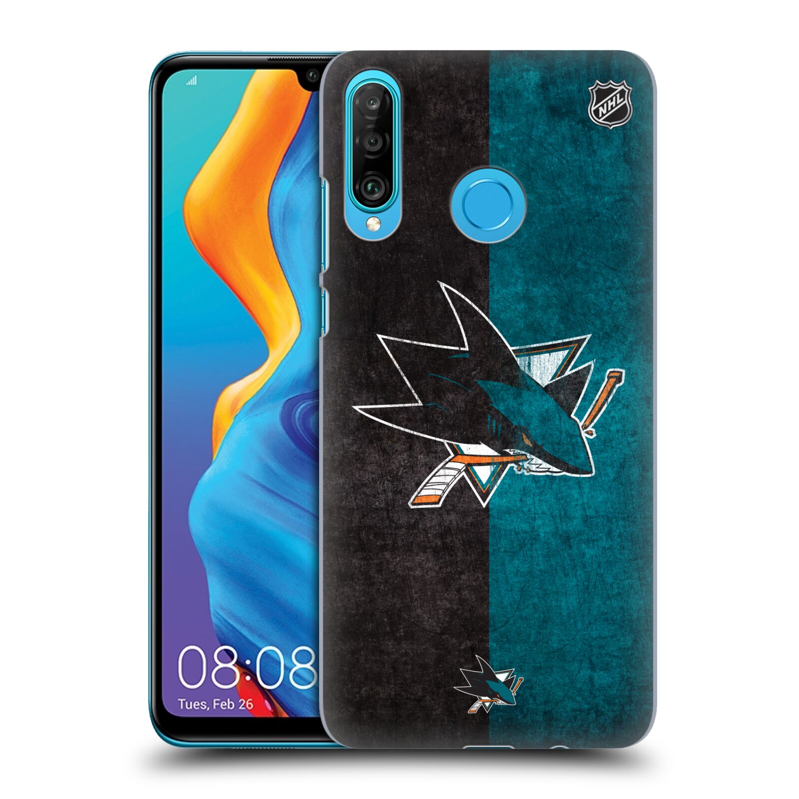 Pouzdro na mobil Huawei P30 LITE - HEAD CASE - Hokej NHL - San Jose Sharks - Znak dva pruhy