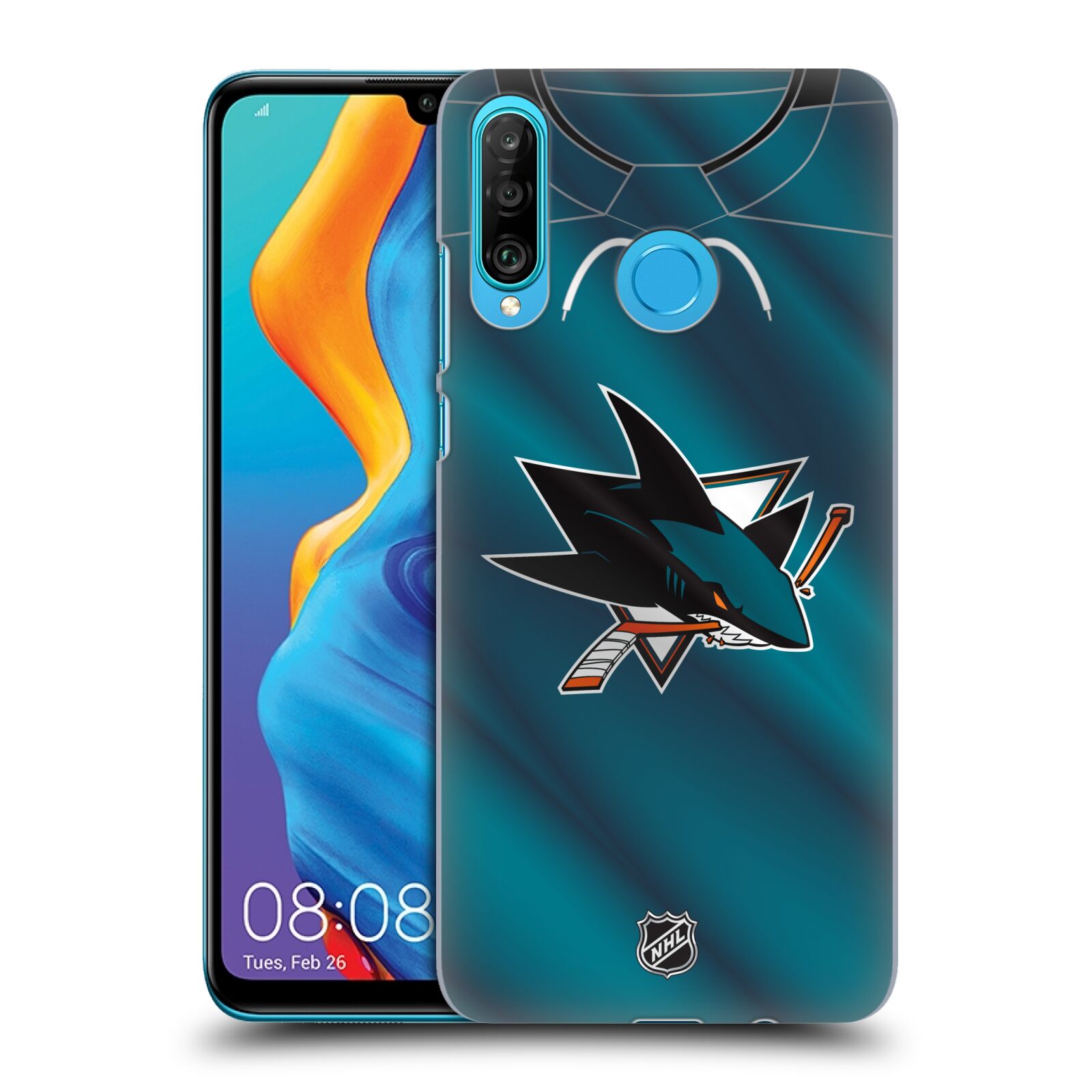Pouzdro na mobil Huawei P30 LITE - HEAD CASE - Hokej NHL - San Jose Sharks - Znak na dresu
