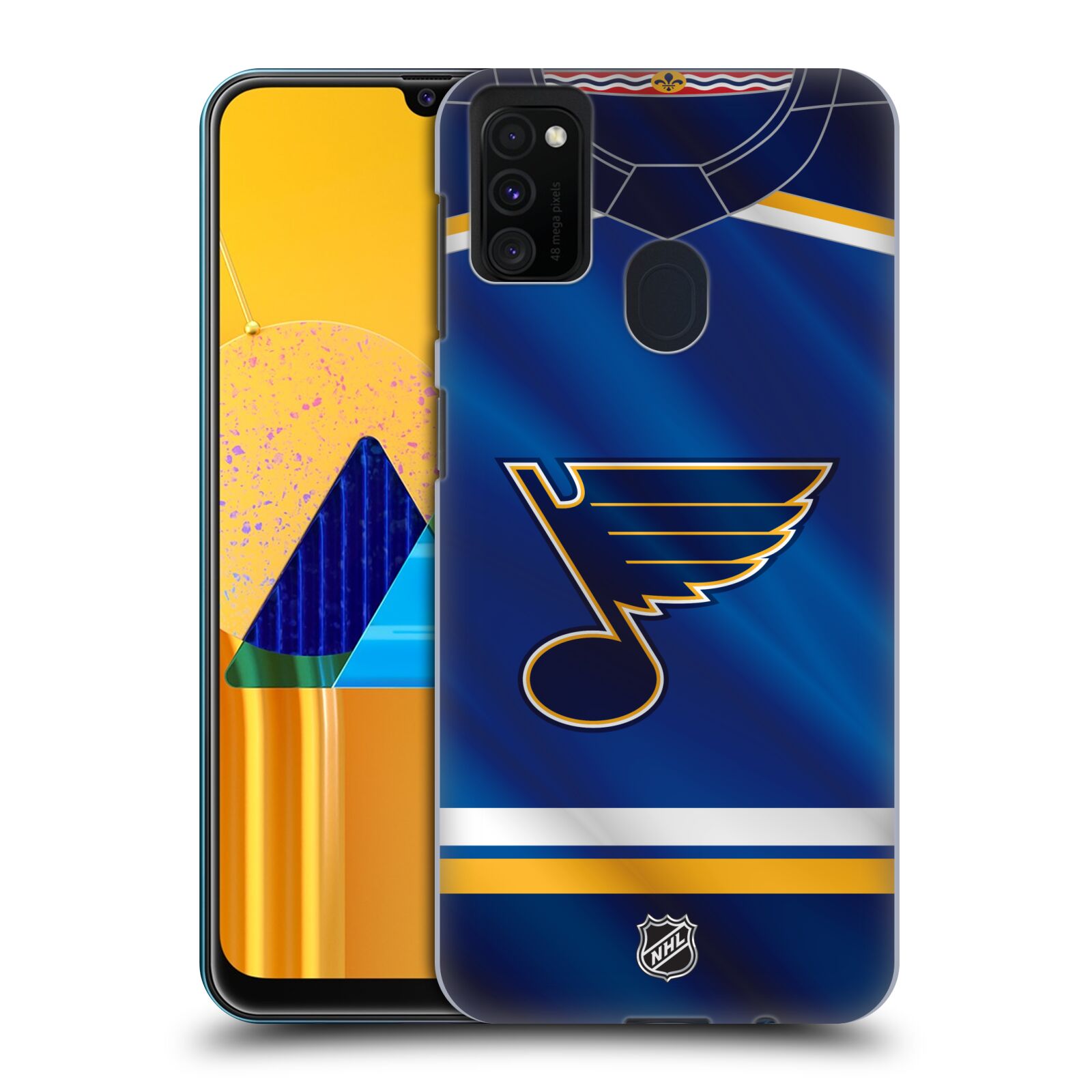 Pouzdro na mobil Samsung Galaxy M21 - HEAD CASE - Hokej NHL - St. Louis Blues - Znak na dresu
