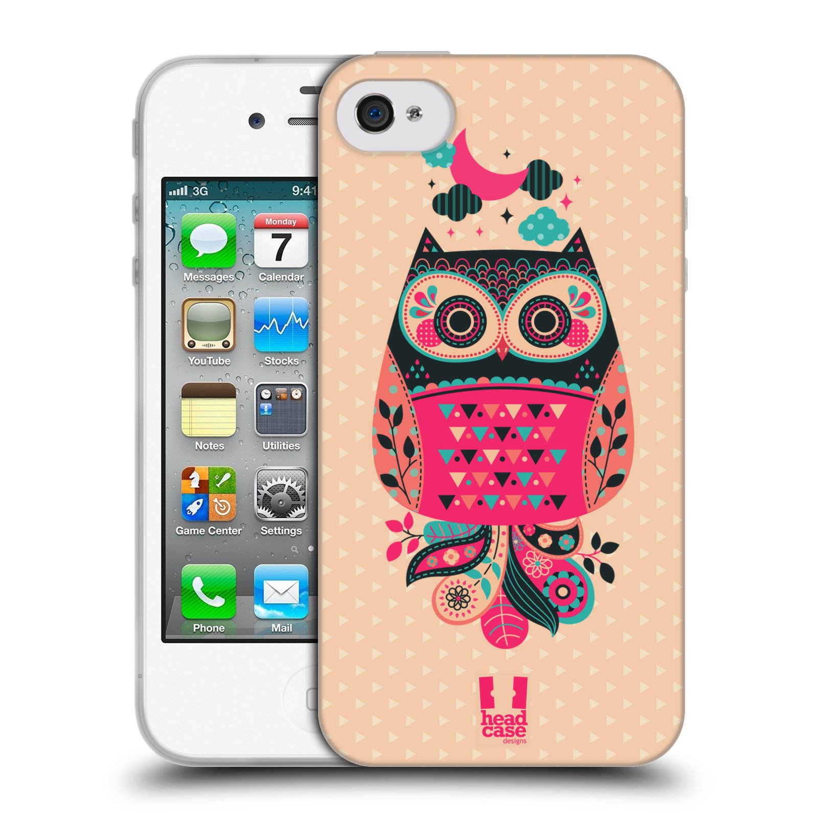 HEAD CASE silikonový obal na mobil Apple Iphone 4/4S vzor Stmívání sovička černá a korálová