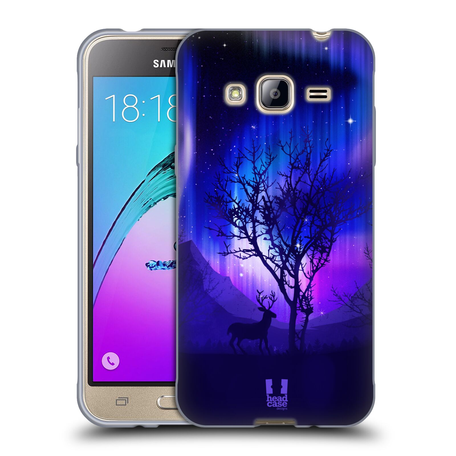 HEAD CASE silikonový obal na mobil Samsung Galaxy J3, J3 2016 vzor Severní polární záře JELEN A STROM FIALOVÁ
