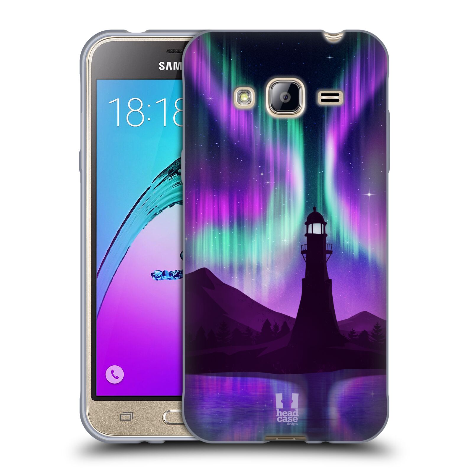 HEAD CASE silikonový obal na mobil Samsung Galaxy J3, J3 2016 vzor Severní polární záře FIALOVÁ MAJÁK