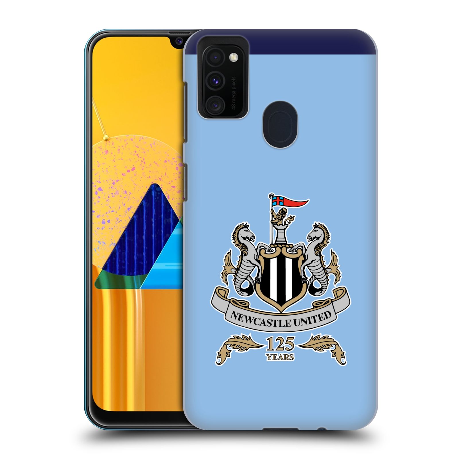 Zadní kryt na mobil Samsung Galaxy M21 Fotbalový klub Newcastle United FC velký znak na modrém pozadí