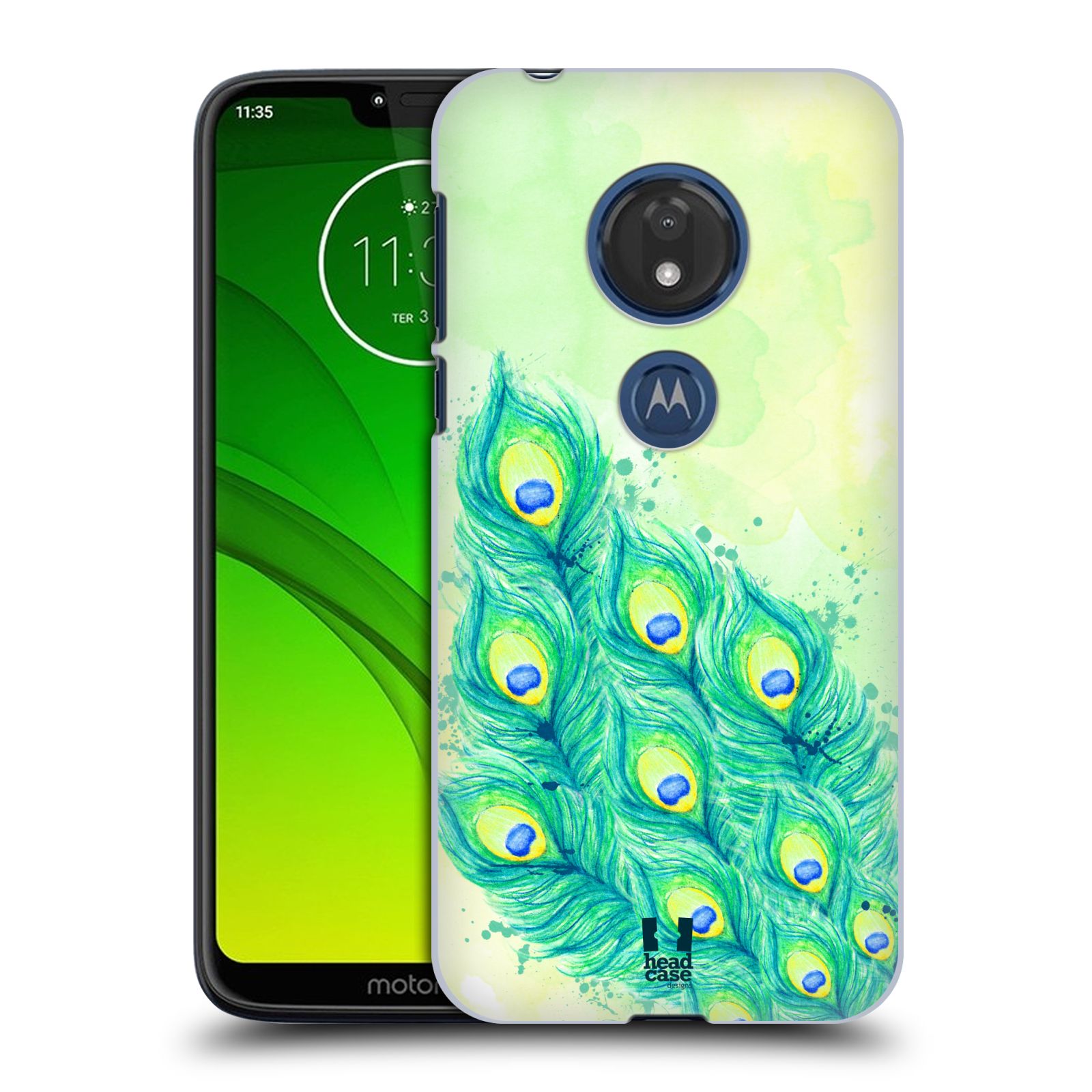 Pouzdro na mobil Motorola Moto G7 Play vzor Paví pírka barevná MODRÁ A ZELENÁ
