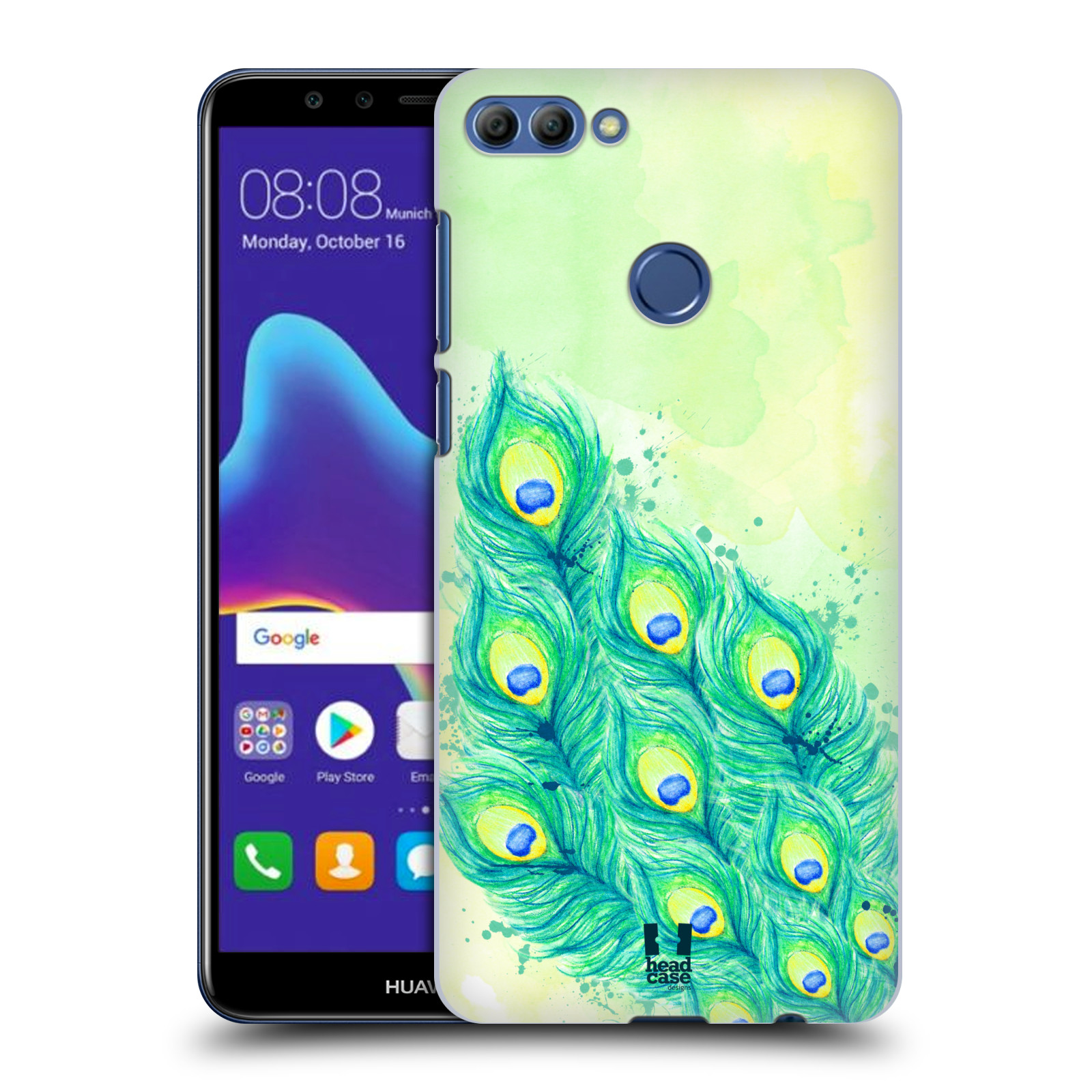 HEAD CASE plastový obal na mobil Huawei Y9 2018 vzor Paví pírka barevná MODRÁ A ZELENÁ