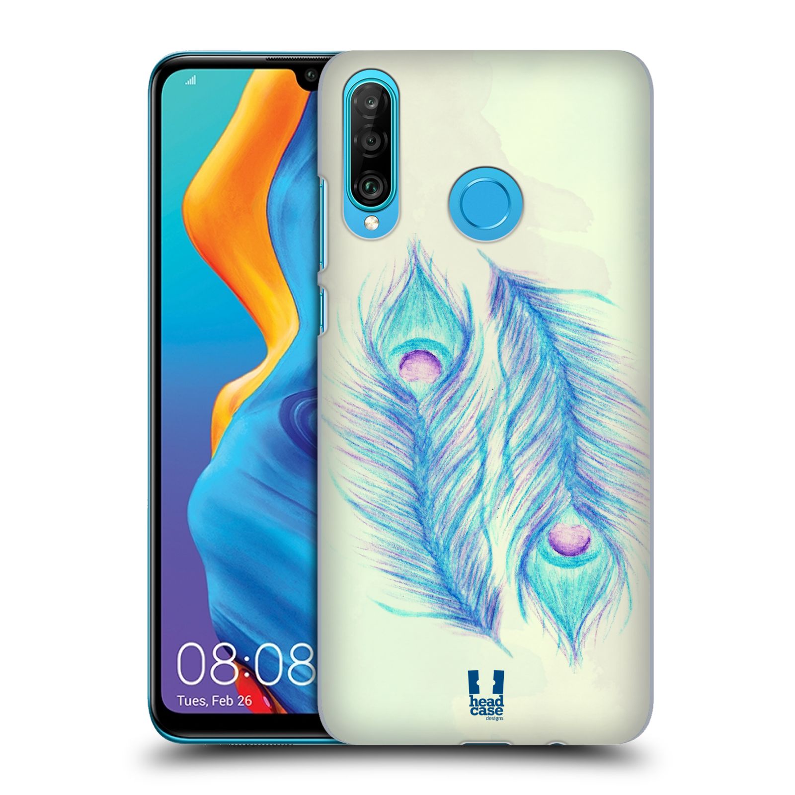 Pouzdro na mobil Huawei P30 LITE - HEAD CASE - vzor Paví pírka barevná MODRÁ PÁR