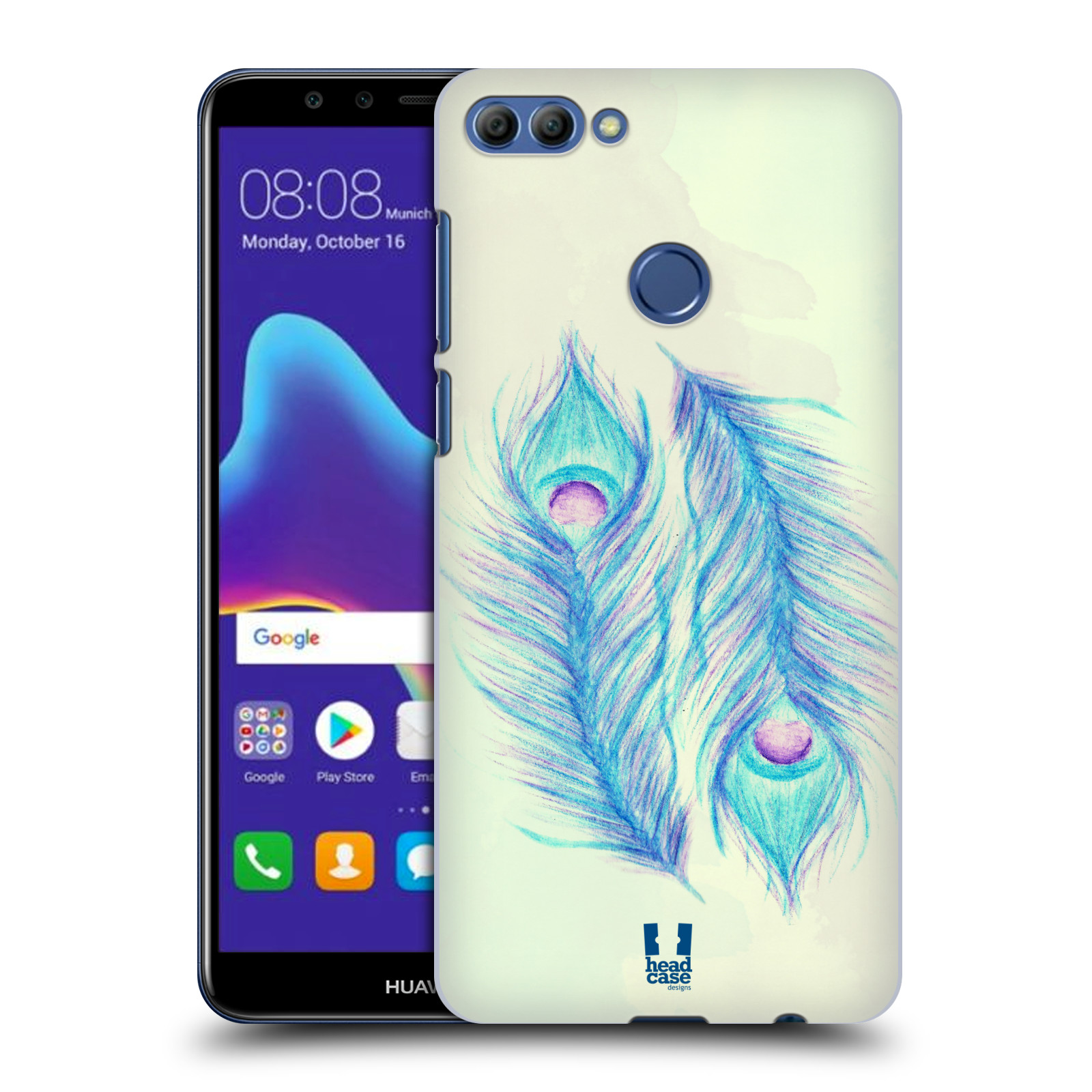 HEAD CASE plastový obal na mobil Huawei Y9 2018 vzor Paví pírka barevná MODRÁ PÁR