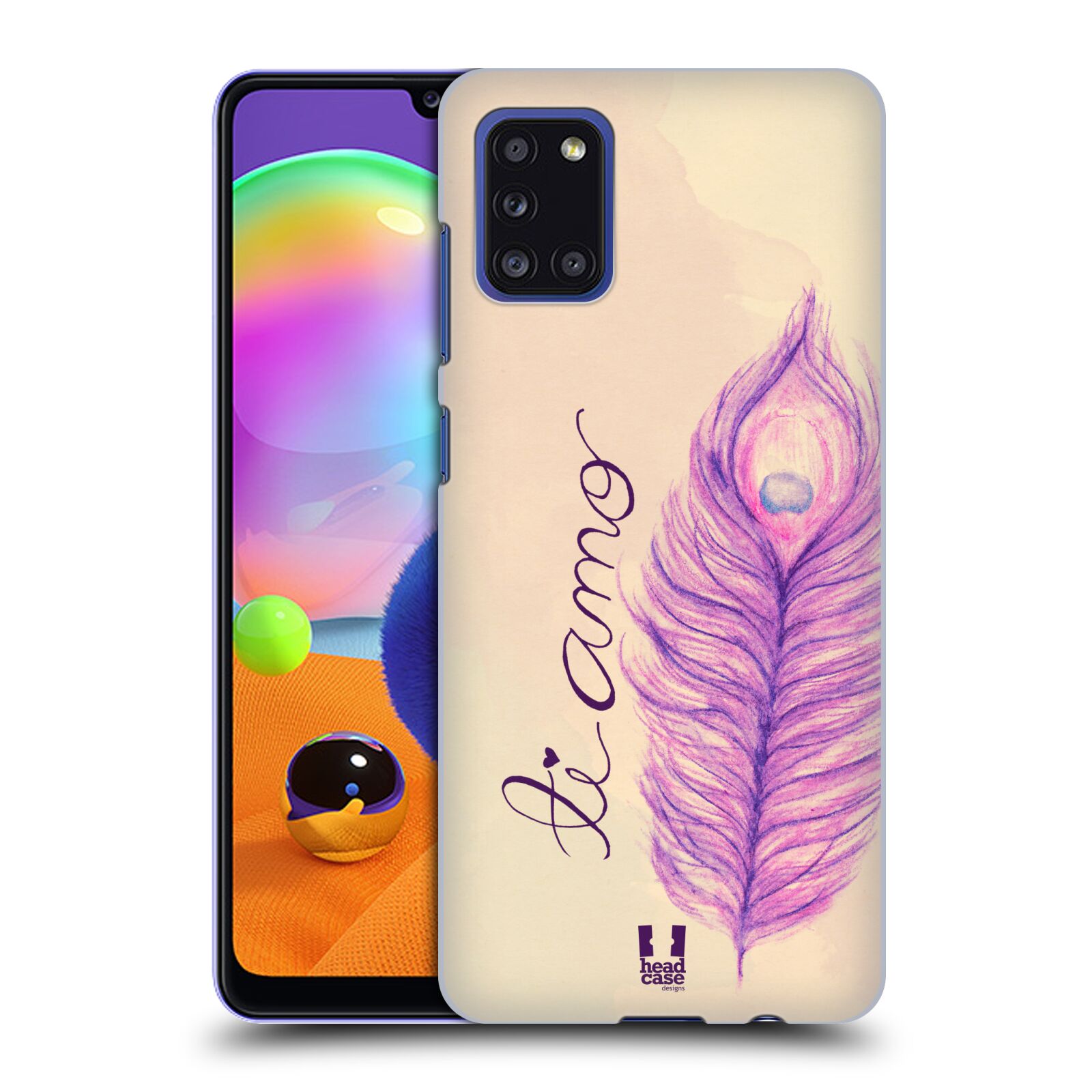 Zadní kryt na mobil Samsung Galaxy A31 vzor Paví pírka barevná FIALOVÁ TI AMO