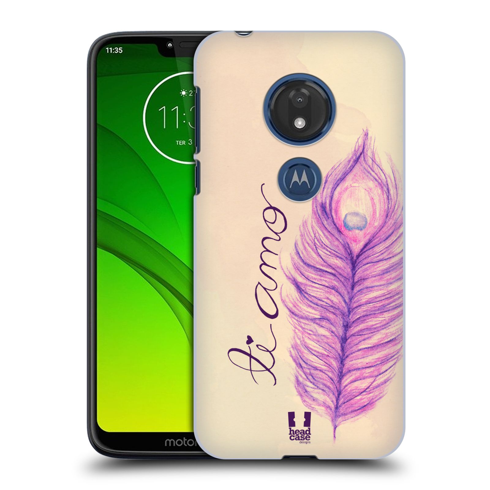 Pouzdro na mobil Motorola Moto G7 Play vzor Paví pírka barevná FIALOVÁ TI AMO