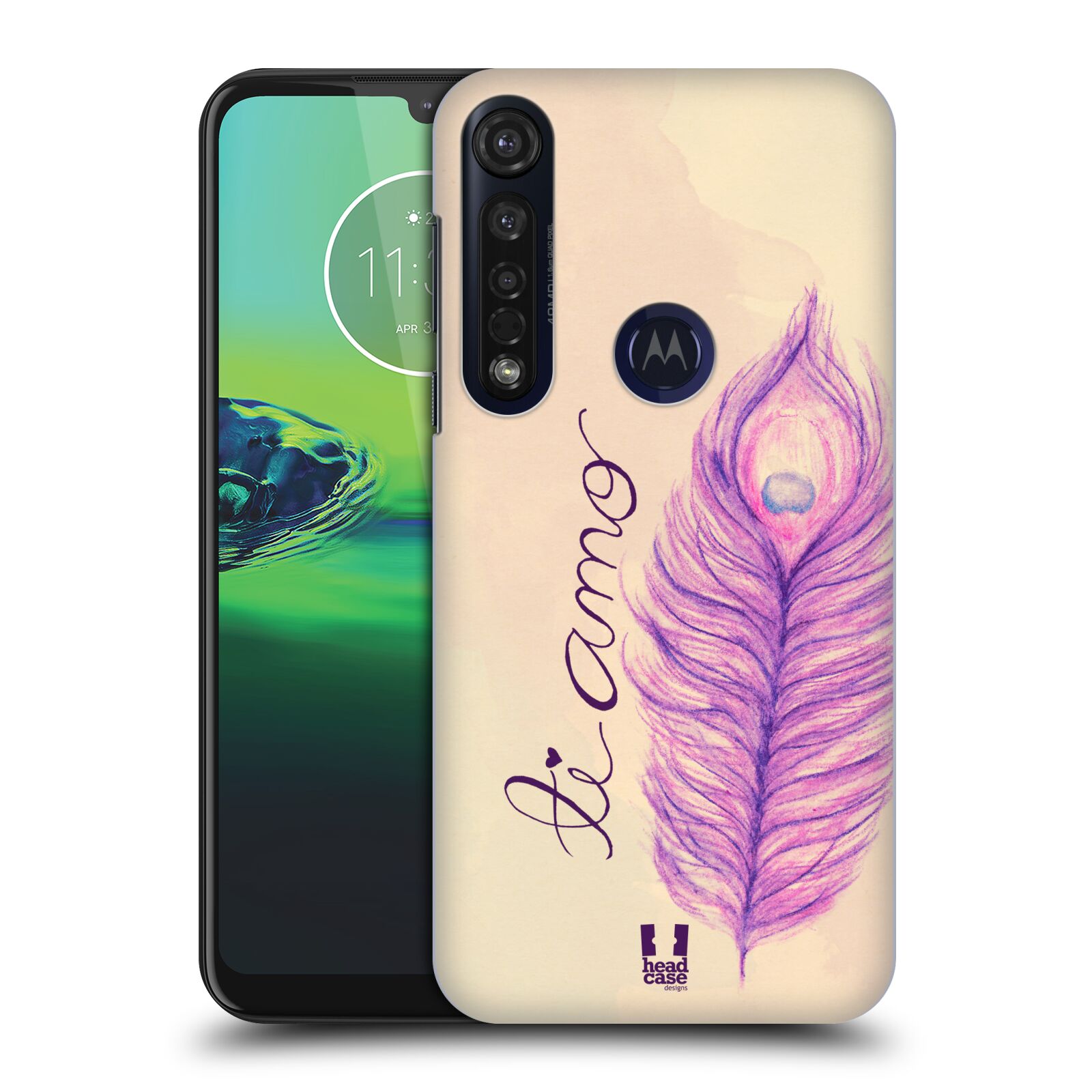 Pouzdro na mobil Motorola Moto G8 PLUS - HEAD CASE - vzor Paví pírka barevná FIALOVÁ TI AMO