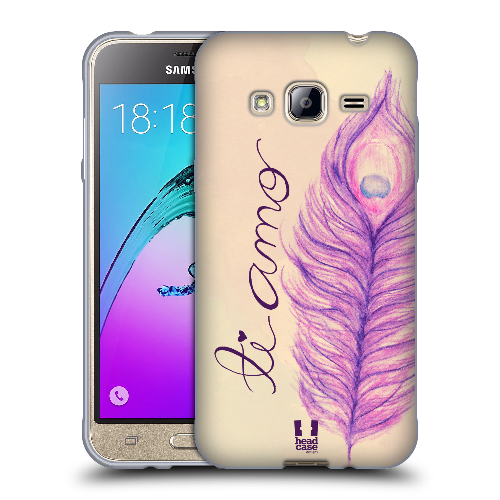 HEAD CASE silikonový obal na mobil Samsung Galaxy J3, J3 2016 vzor Paví pírka barevná FIALOVÁ TI AMO