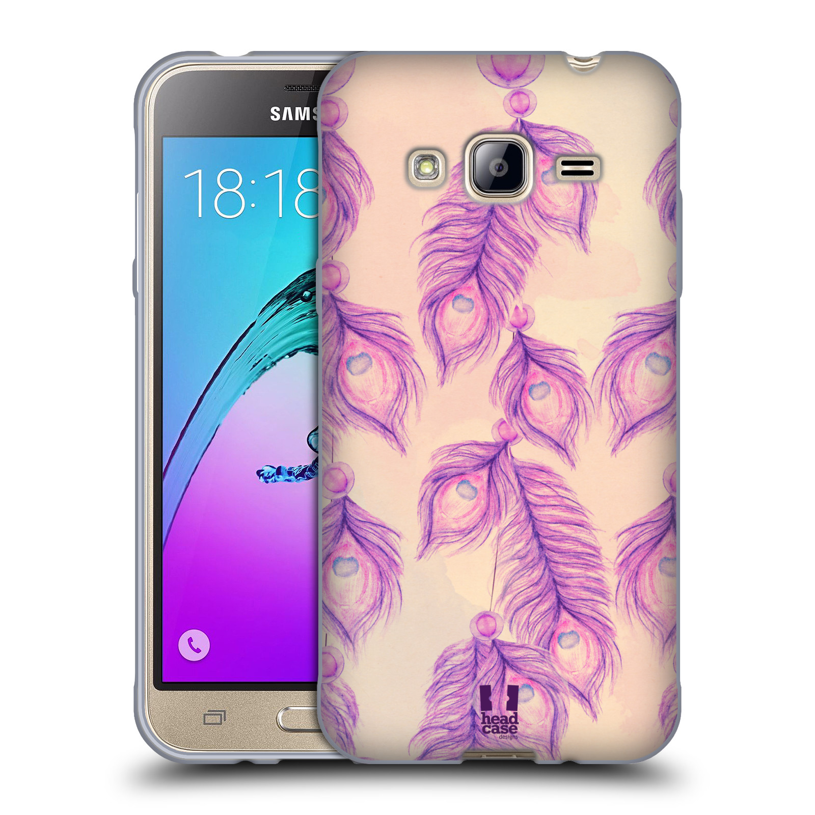HEAD CASE silikonový obal na mobil Samsung Galaxy J3, J3 2016 vzor Paví pírka barevná FIALOVÁ