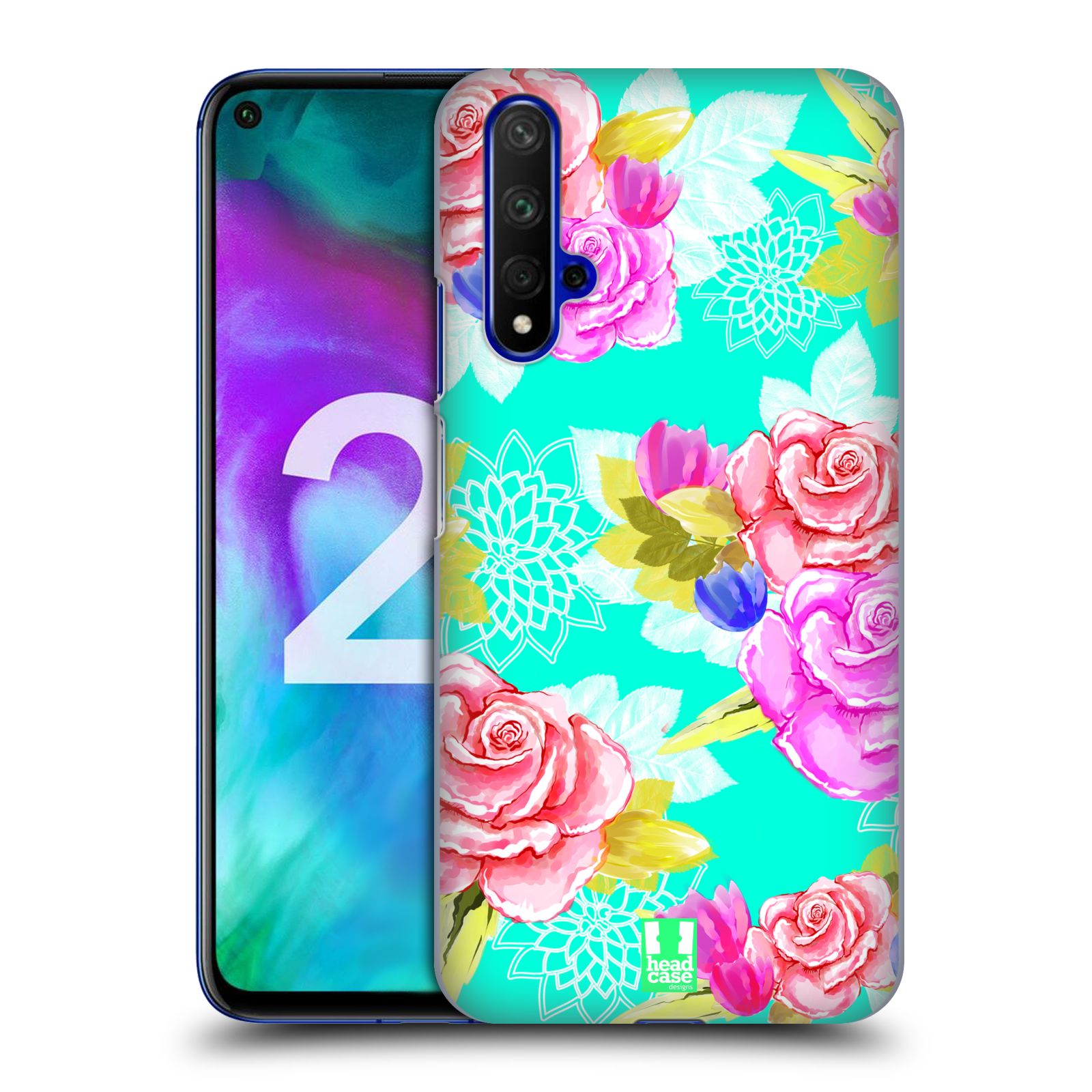 Pouzdro na mobil Honor 20 - HEAD CASE - vzor Malované květiny barevné AQUA MODRÁ