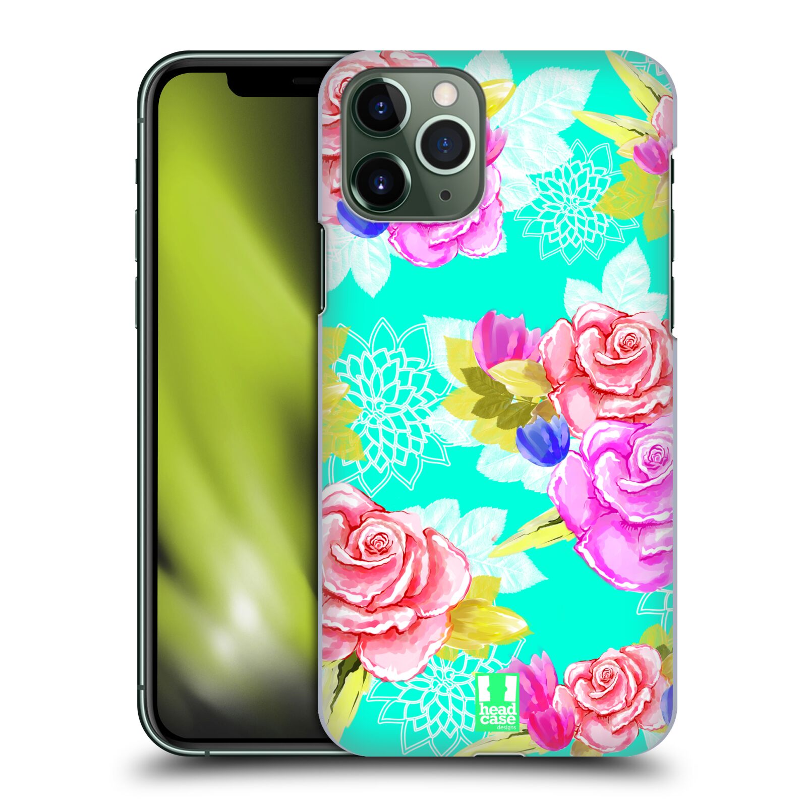Pouzdro na mobil Apple Iphone 11 PRO - HEAD CASE - vzor Malované květiny barevné AQUA MODRÁ