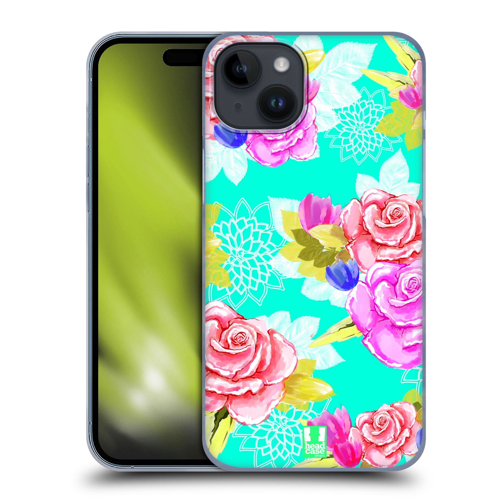 Plastový obal HEAD CASE na mobil Apple Iphone 15 PLUS vzor Malované květiny barevné AQUA MODRÁ