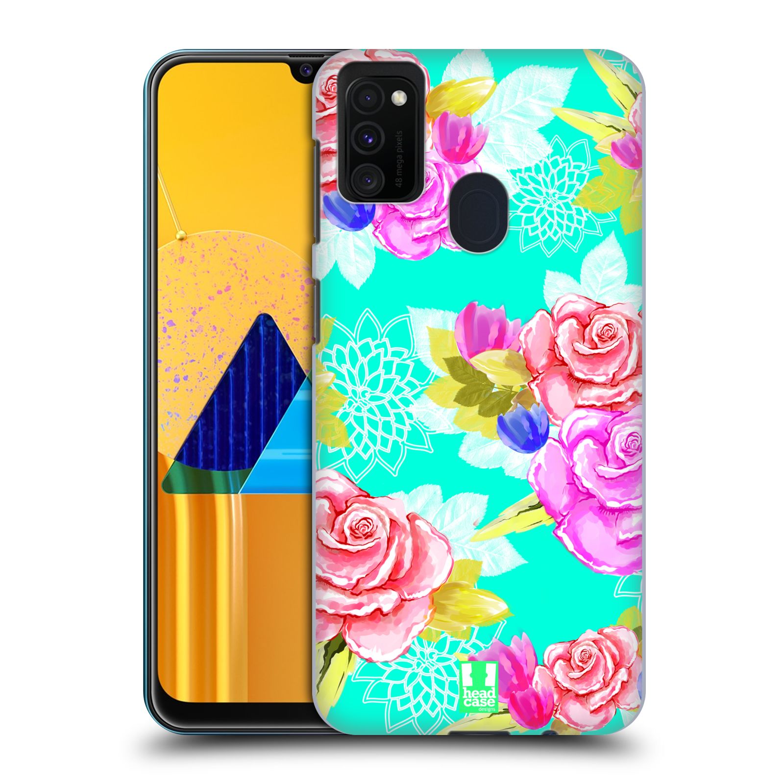 Plastový obal HEAD CASE na mobil Samsung Galaxy M30s vzor Malované květiny barevné AQUA MODRÁ