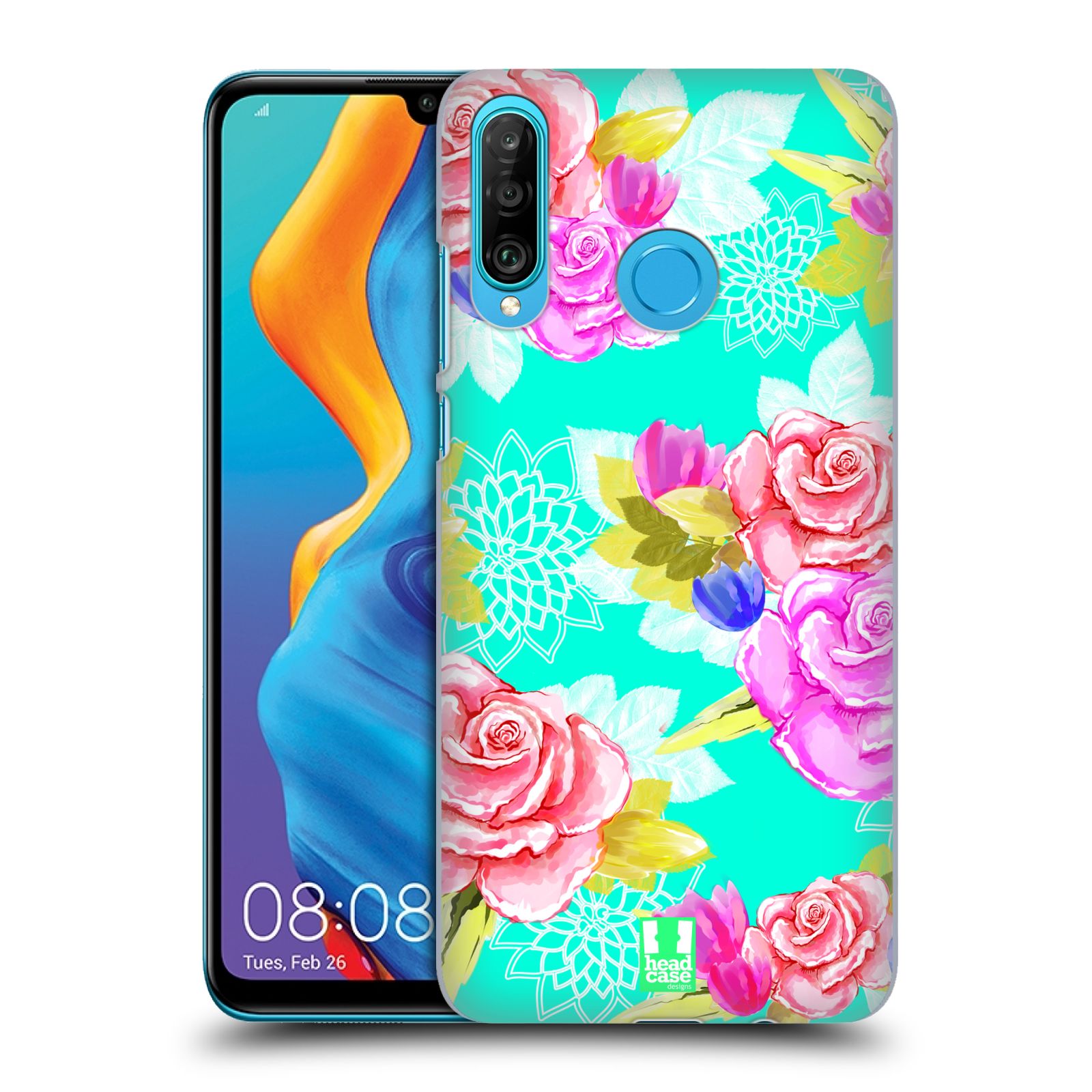 Pouzdro na mobil Huawei P30 LITE - HEAD CASE - vzor Malované květiny barevné AQUA MODRÁ