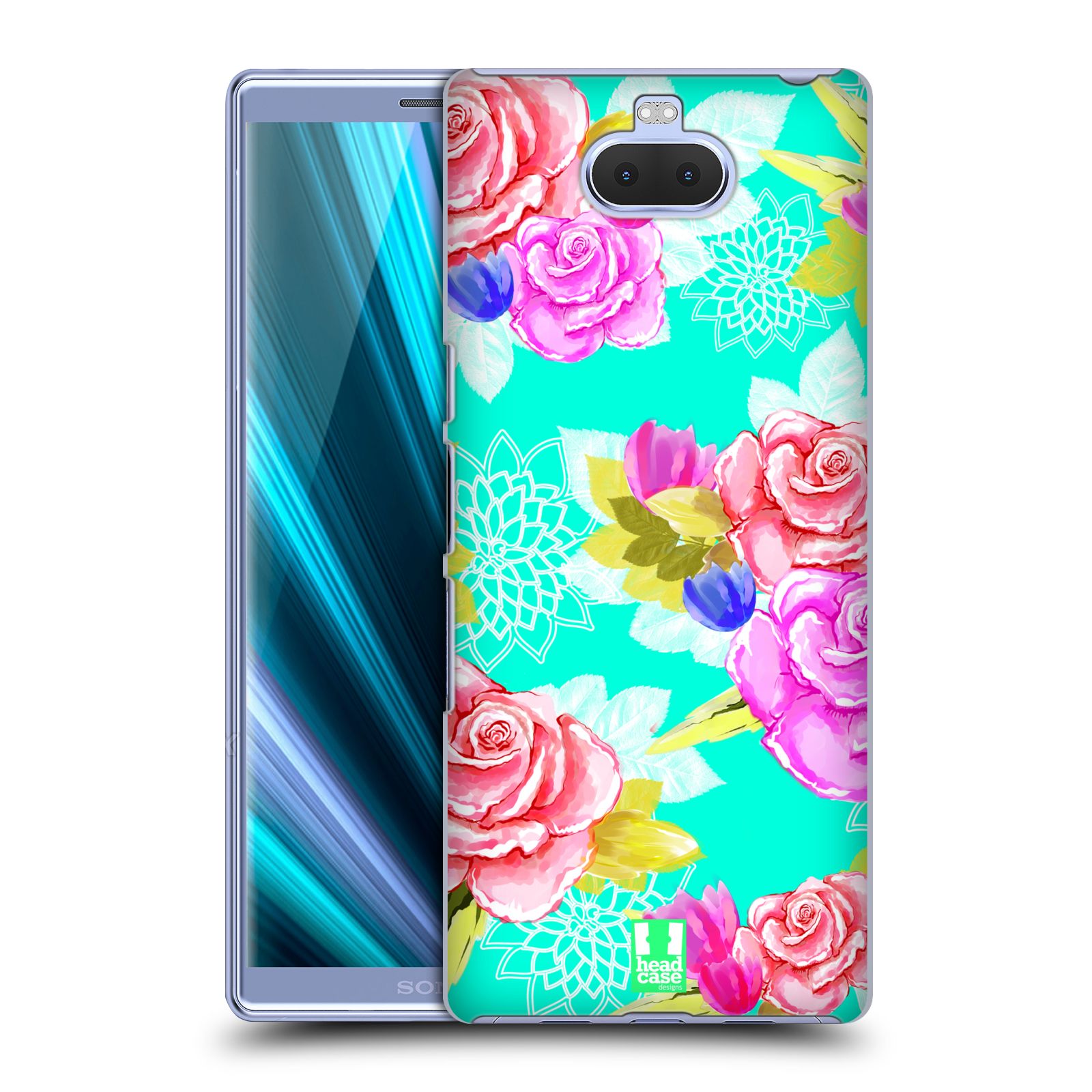 Pouzdro na mobil Sony Xperia 10 - Head Case - vzor Malované květiny barevné AQUA MODRÁ