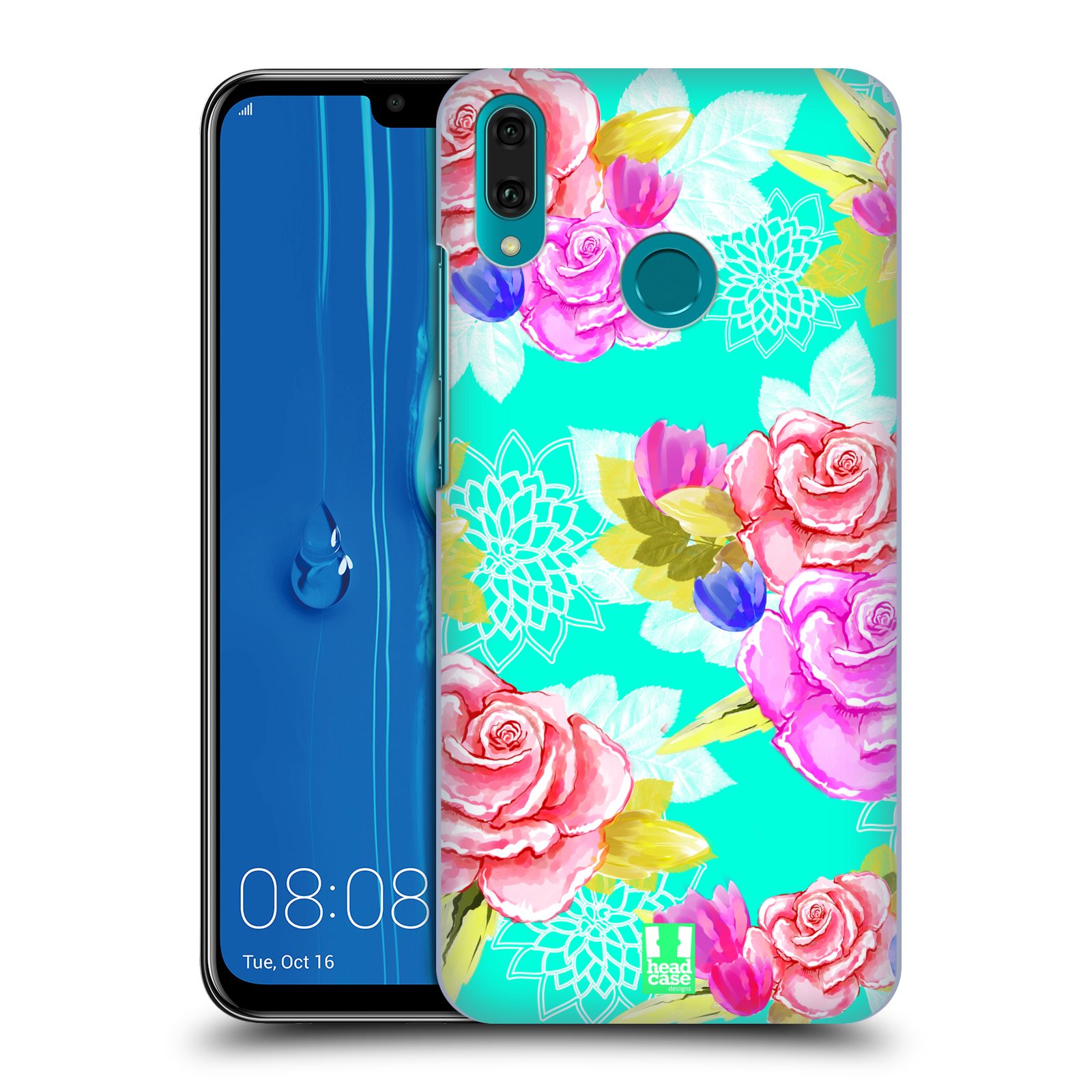 Pouzdro na mobil Huawei Y9 2019 - HEAD CASE - vzor Malované květiny barevné AQUA MODRÁ