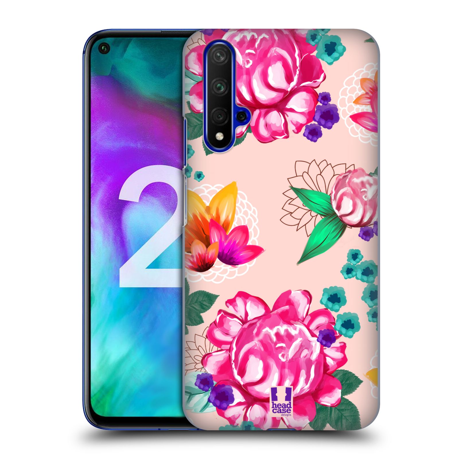 Pouzdro na mobil Honor 20 - HEAD CASE - vzor Malované květiny barevné SVĚTLE RŮŽOVÁ